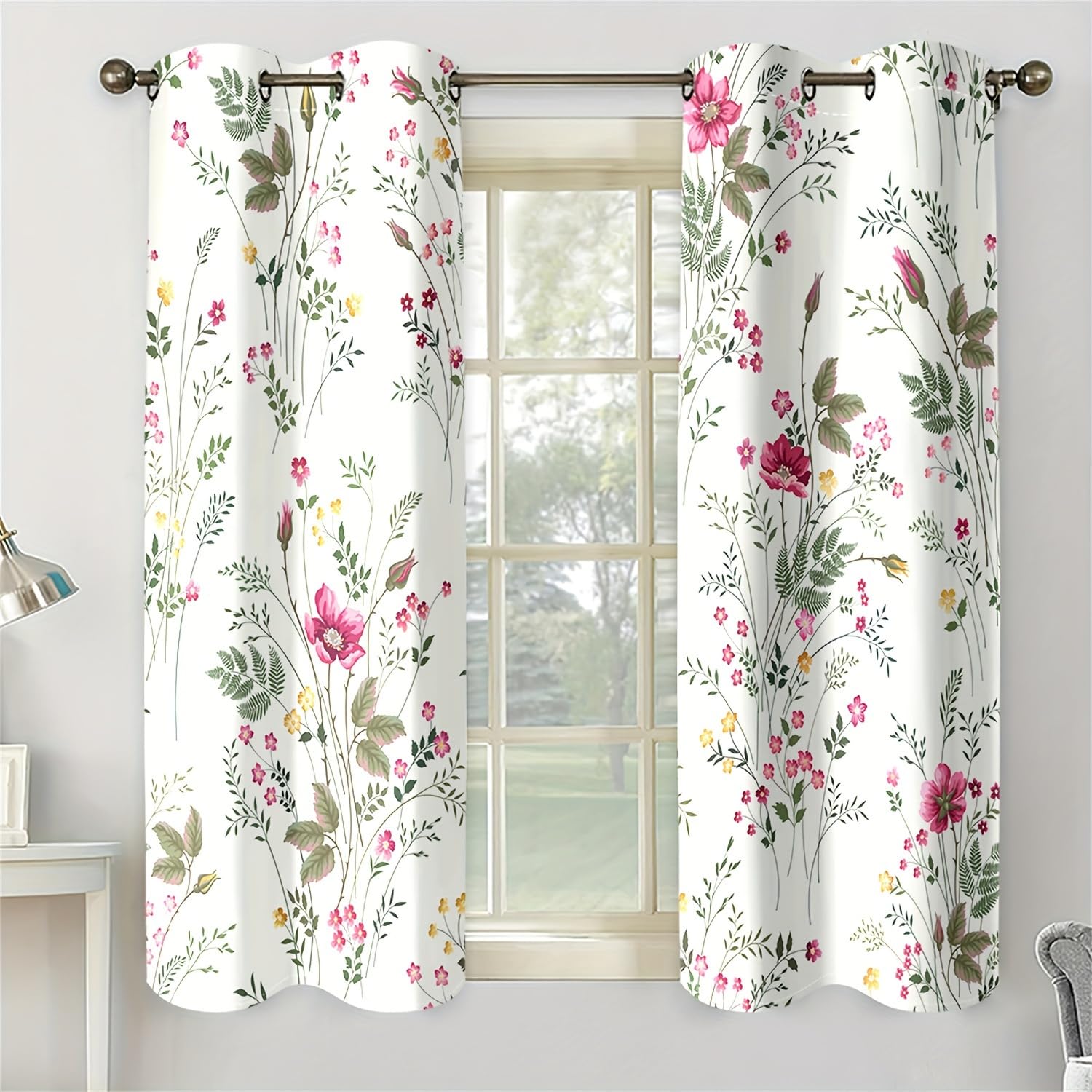 Cortinas Opacas con Estampado 3D de Flores de Primavera, Plantas Verdes, 2 Paneles, aislantes térmicos, oscurecedoras, para Dormitorio (Ancho x Alto/2 x 140 x 300 cm)
