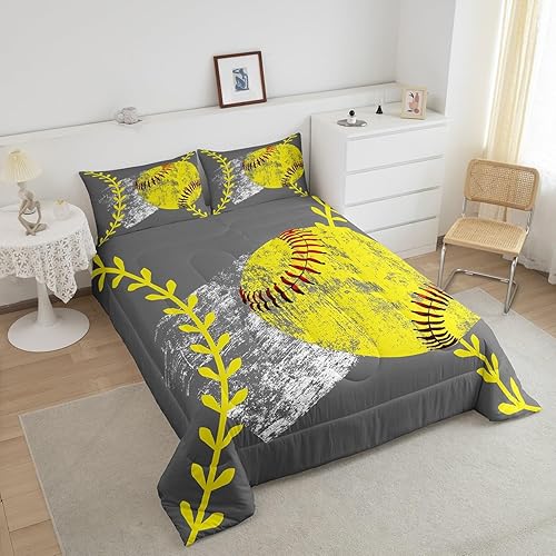 Miniatura 3 de Juego de edredón de sóftbol para niños y niñas, juego de ropa de cama de béisbol amarillo, tamaño Queen, ligero, edredón de plumas de grafiti