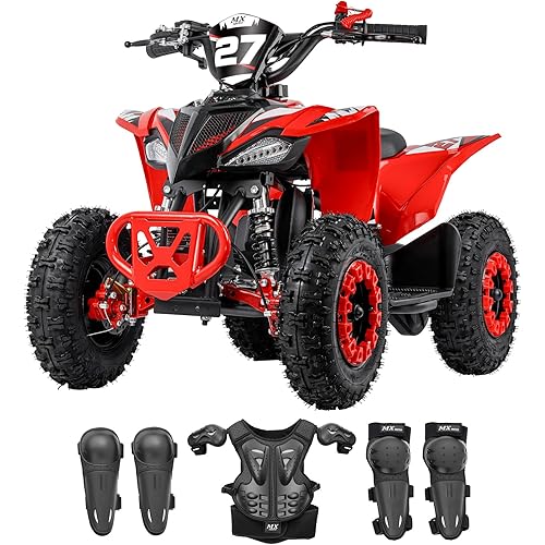 Kids Gas Powered ATV, Four Wheeler, 49cc 2-Stroke Mini Quad Bike with Pull Start, Kill Switch, Disc Brakes, Front Rear Suspension, Youth Off Road, Red
