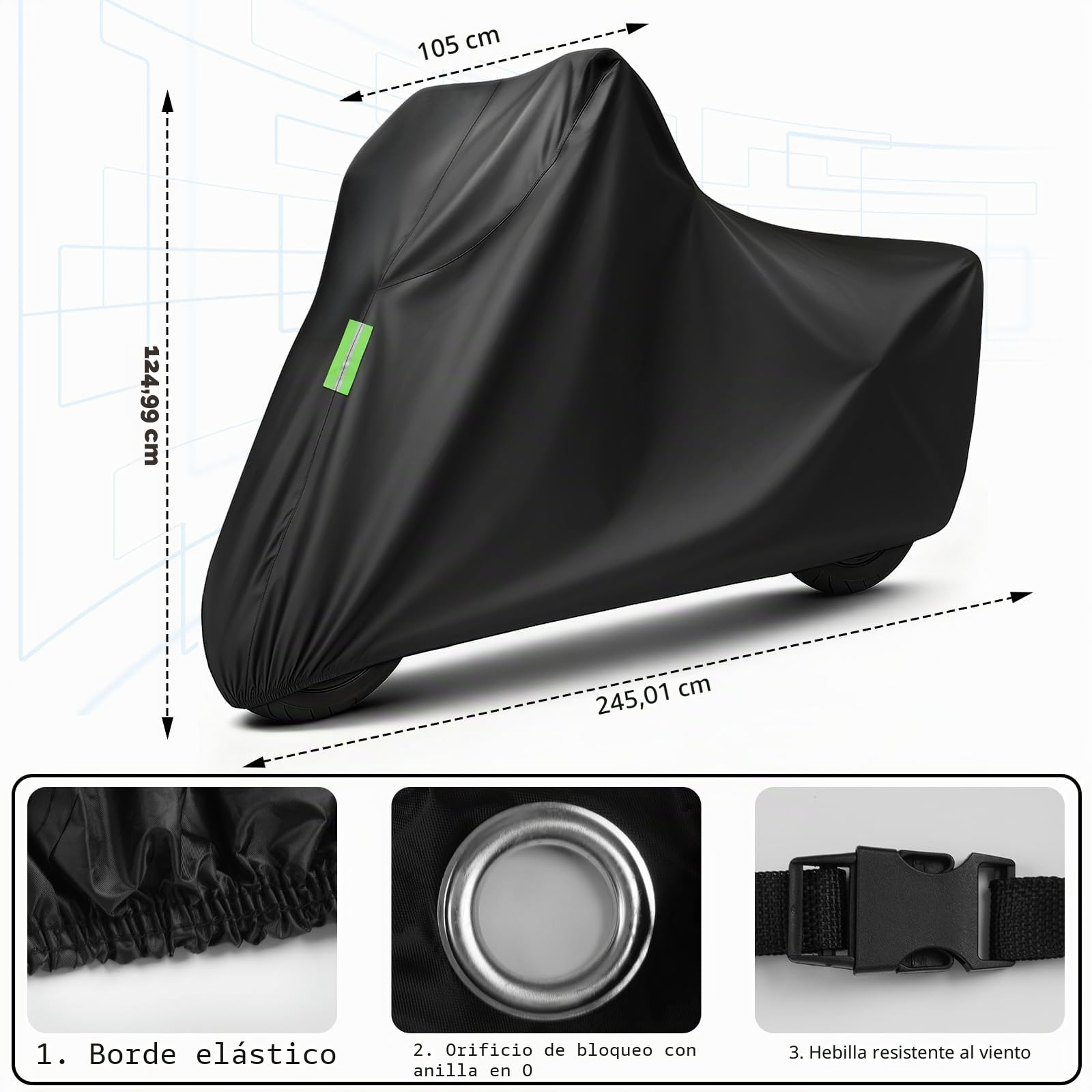 Funda Moto Impermeable, Funda para Moto Exterior con Banda Reflectante, Cubre Motos con protección UV, antirayones y antigranizo per Motocross/Bicicletas eléctricas/Bicicletas.XXL (245 * 105 * 125cm)