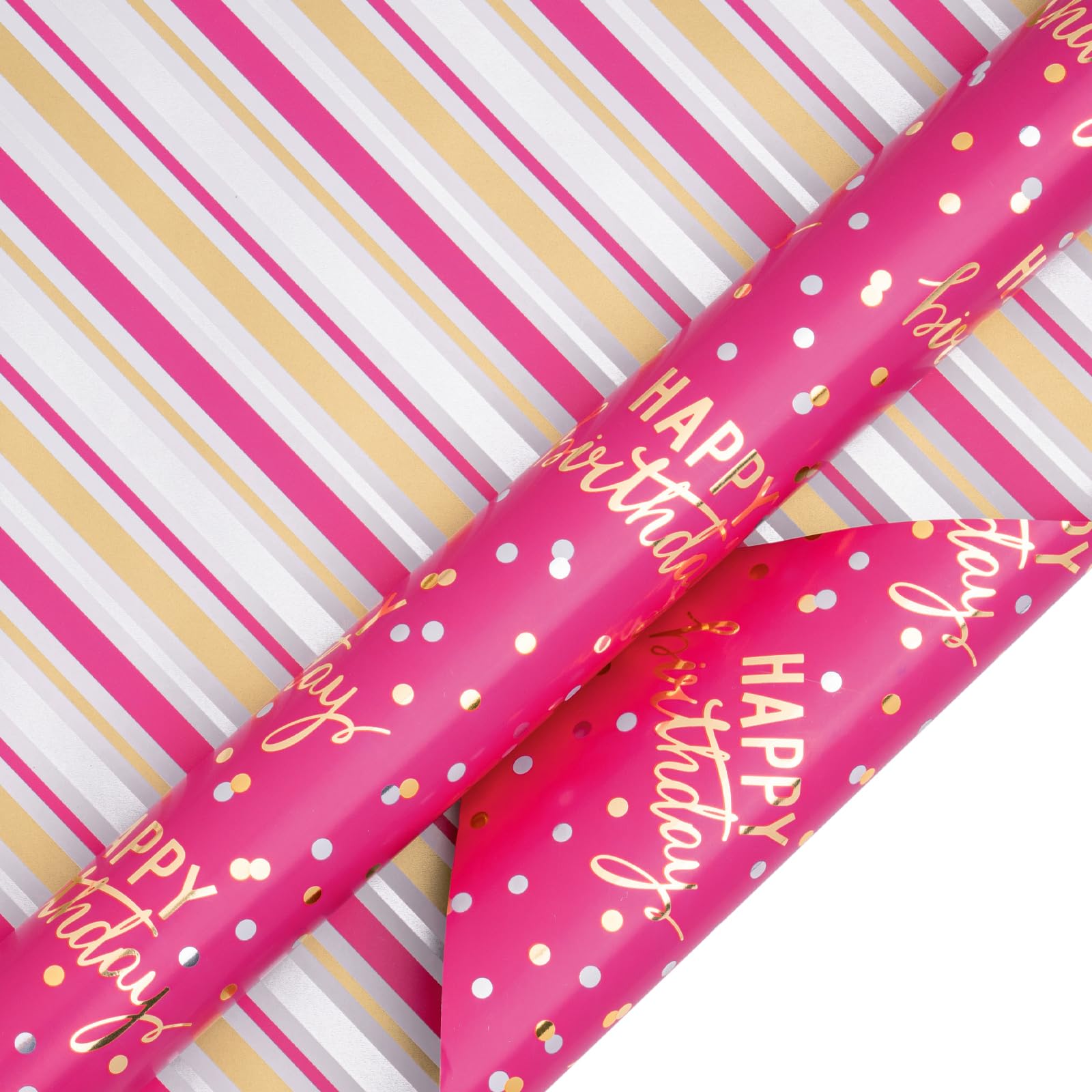 LeZakaa Reversible Pink Birthday Wrapping Paper Roll for Girls Women, Happy Birthday Lettering & Stripe Pattern with Metallic Foil in Rose Pink, Mini Roll, 17 inches x 32.8 Feet (46.45 sq.ft