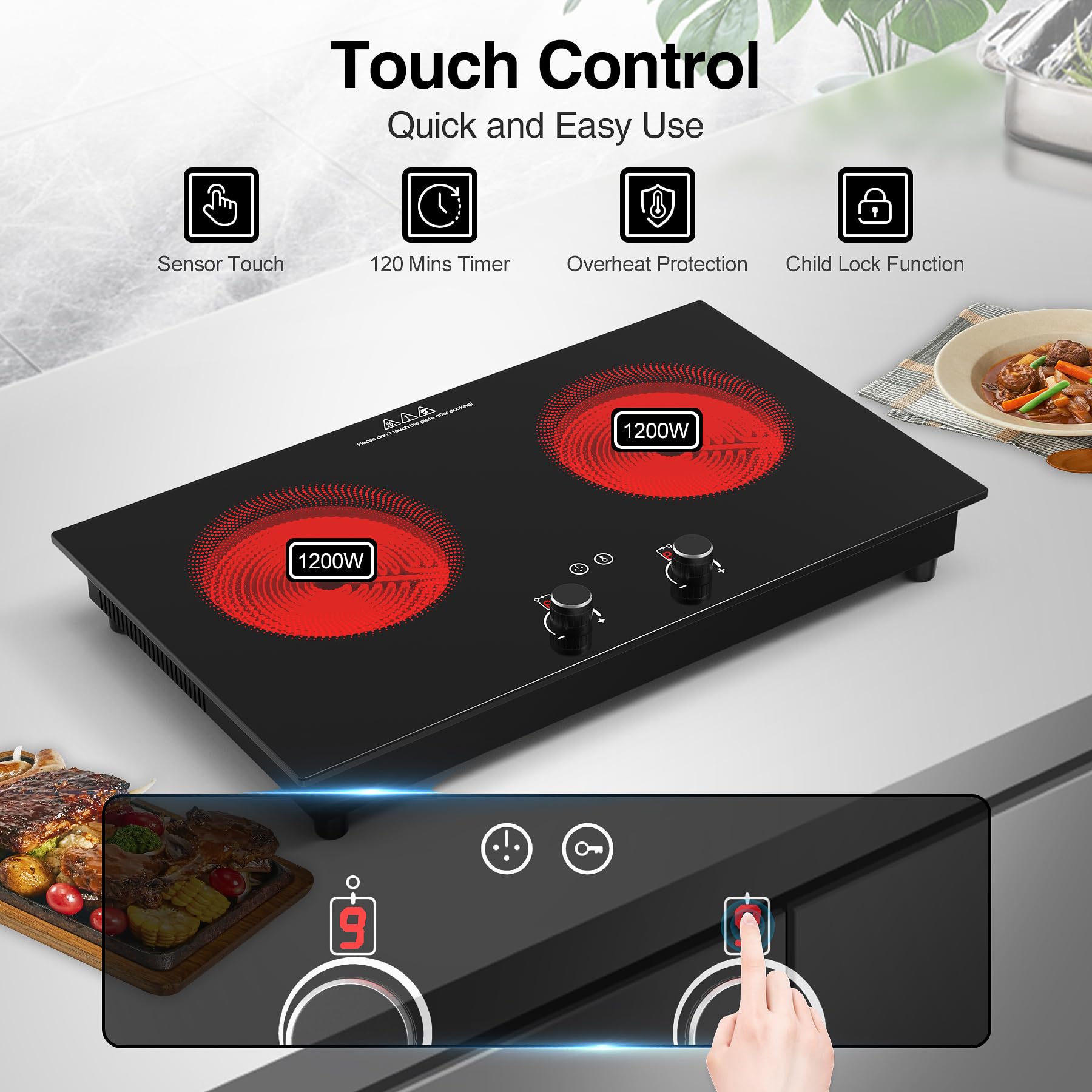 Cocina eléctrica, estufa eléctrica de 2400 W, encimera y placa caliente integrada con bloqueo de seguridad para niños, temporizador, control de perilla táctil LED, protección contra 6