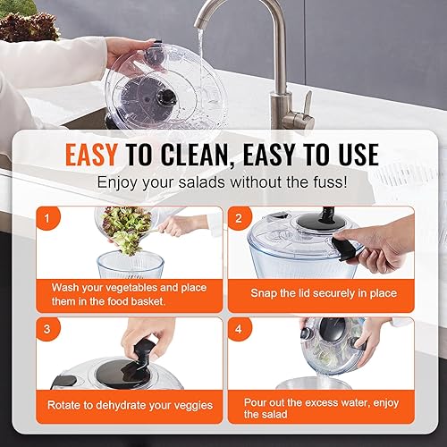 Miniatura 3 de VEVOR Girador de ensalada de vidrio, 4.75 cuartos de galón, lavadora grande de secadora de verduras con una sola mano, limpiador y secadora de