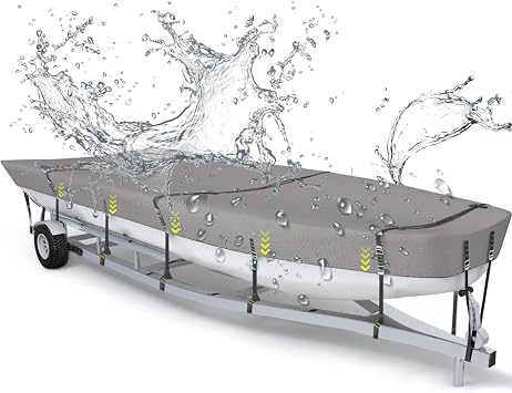 800D Jon Boat Cover, Windproof Metal Buckle Straps Jon Boat Cover Fade and Tear Resistant Trailerable, UV Protection and WaterproofFits 14ft-16ft, Gray