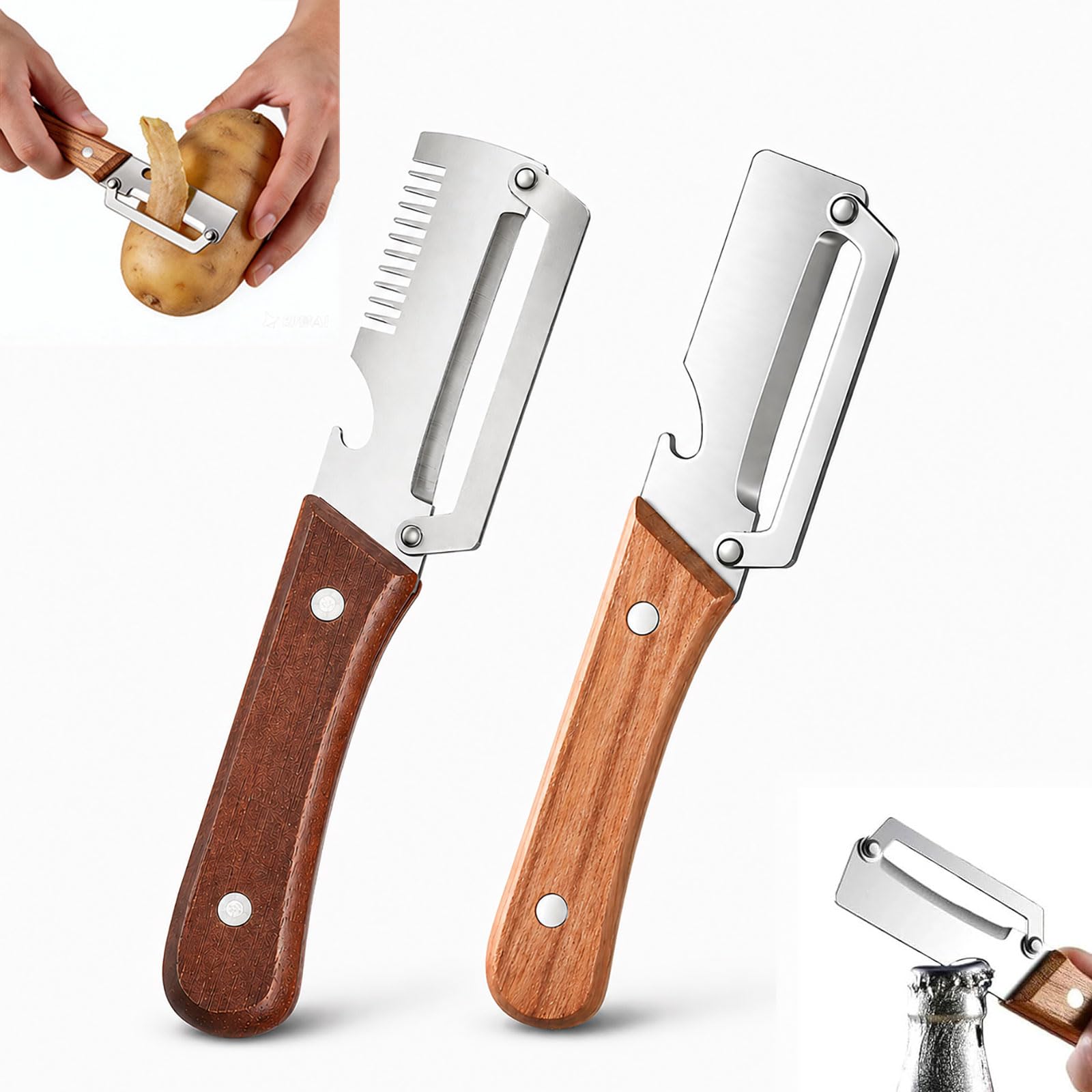 Photo 1 of 2 PCS Multifunctional Vegetable Peelers for Kitchen, 2026 Upgraded Stainless Steel Peeler with Bottle Opener, Wooden Handle,Julienne Cutter, 2-in-1 Non-Slip Kitchen Tool for Potato, Carrot, Fruits
