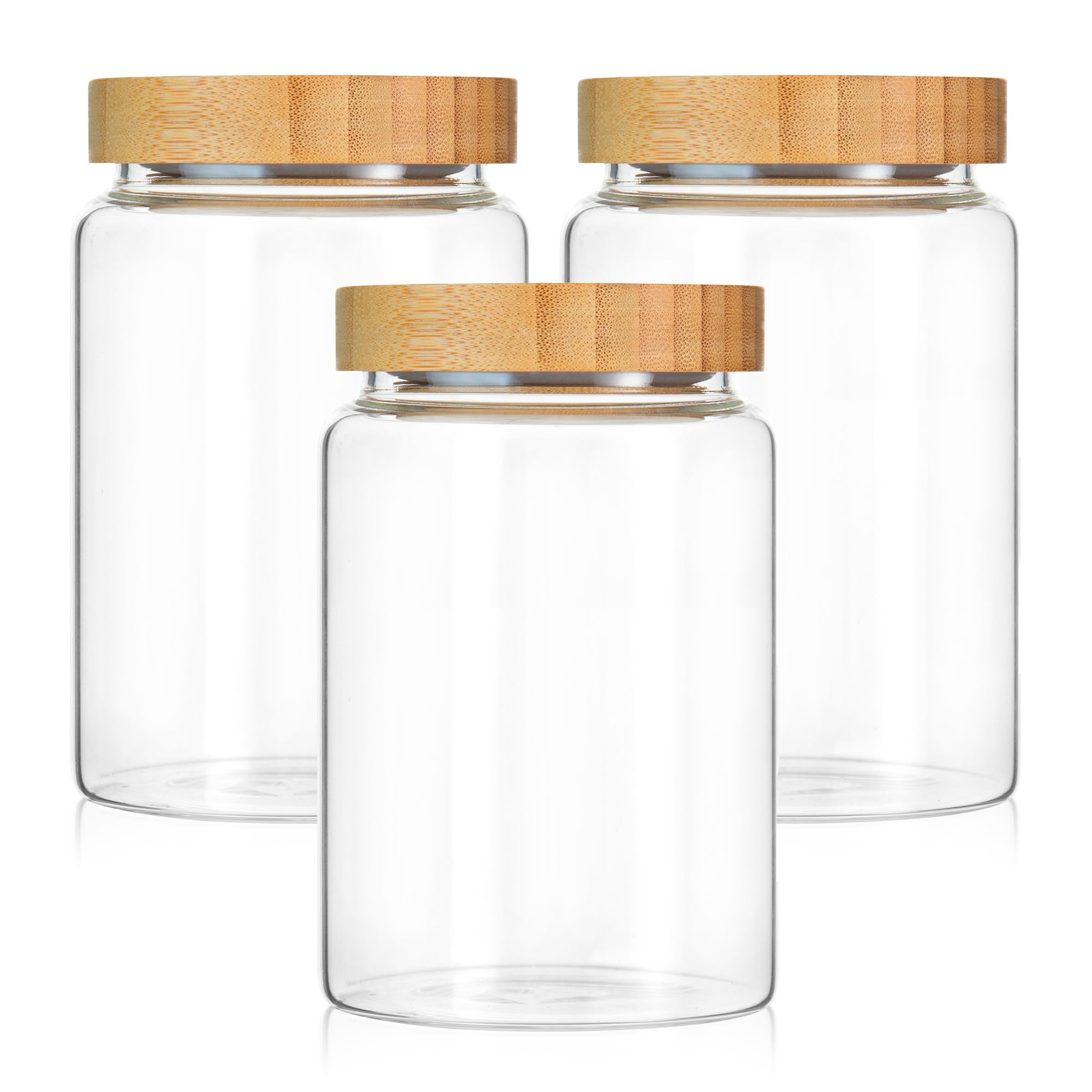 INCETUE 900ML/30Oz Clear Glass Storage Container Jar with Airtight Bamboo Lid (Set of 3), Decorative Small Food Canister for Coffee, Spice, Sugar, Salad, Cereal, Flour, Candy, Cookie