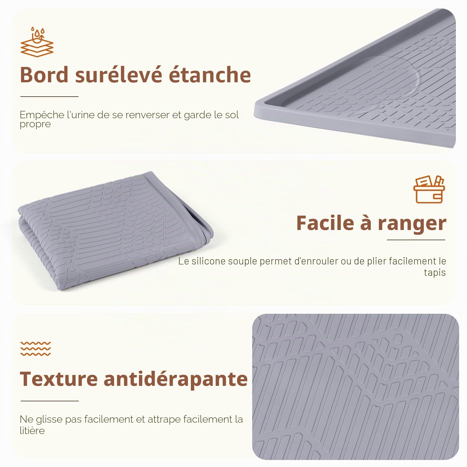 Silicone Tapis Litiere Chat avec Baguette pour Chatons, 96x63CM Tapis Sortie de Litiere Chat, Doux pour Les Pattes des Chatons, Facile à Nettoyer (Gris Clair)
