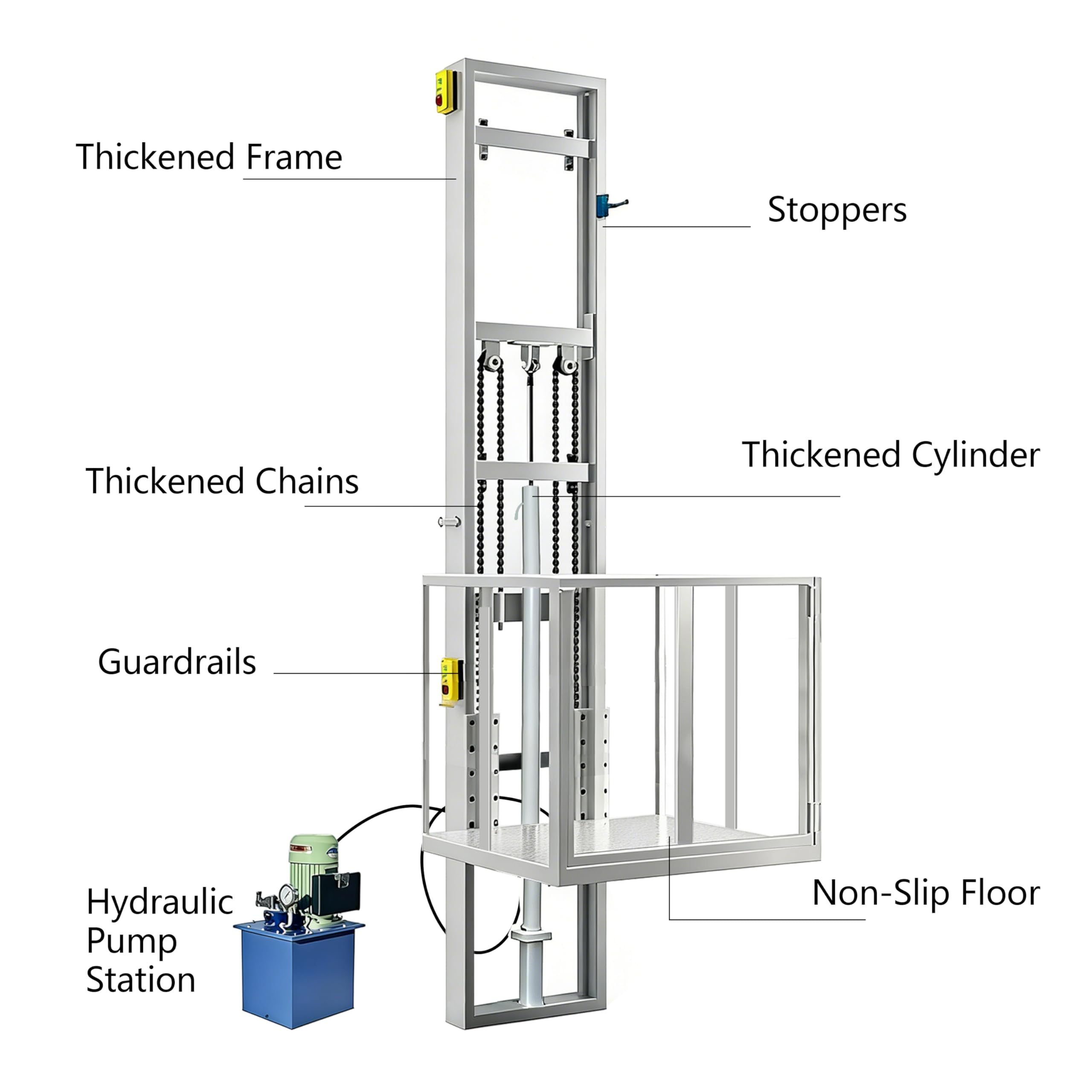 Plataforma elevadora hidráulica eléctrica 1t/2200lb, altura 2–10m, de pared con barandillas, montacargas para hogar, almacén, fábrica(Black,9.8FT/3M Height)