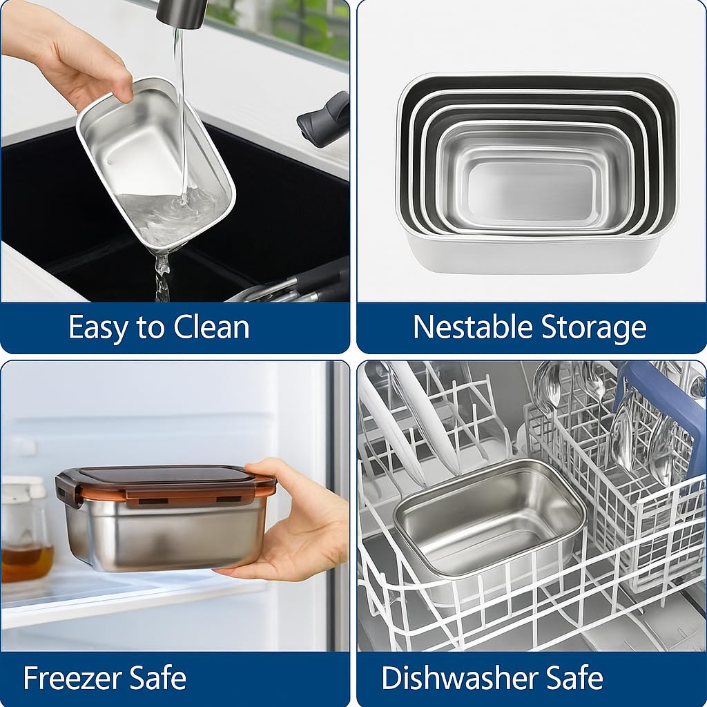 Set 3 Contenitori per Alimenti Ermetici in Acciaio Inox con Coperchio Salvafreschezza (550ml / 1100ml / 1900ml) – Microonde, Lavastoviglie, Freezer, Frigo – Senza BPA, A Prova di Perdite