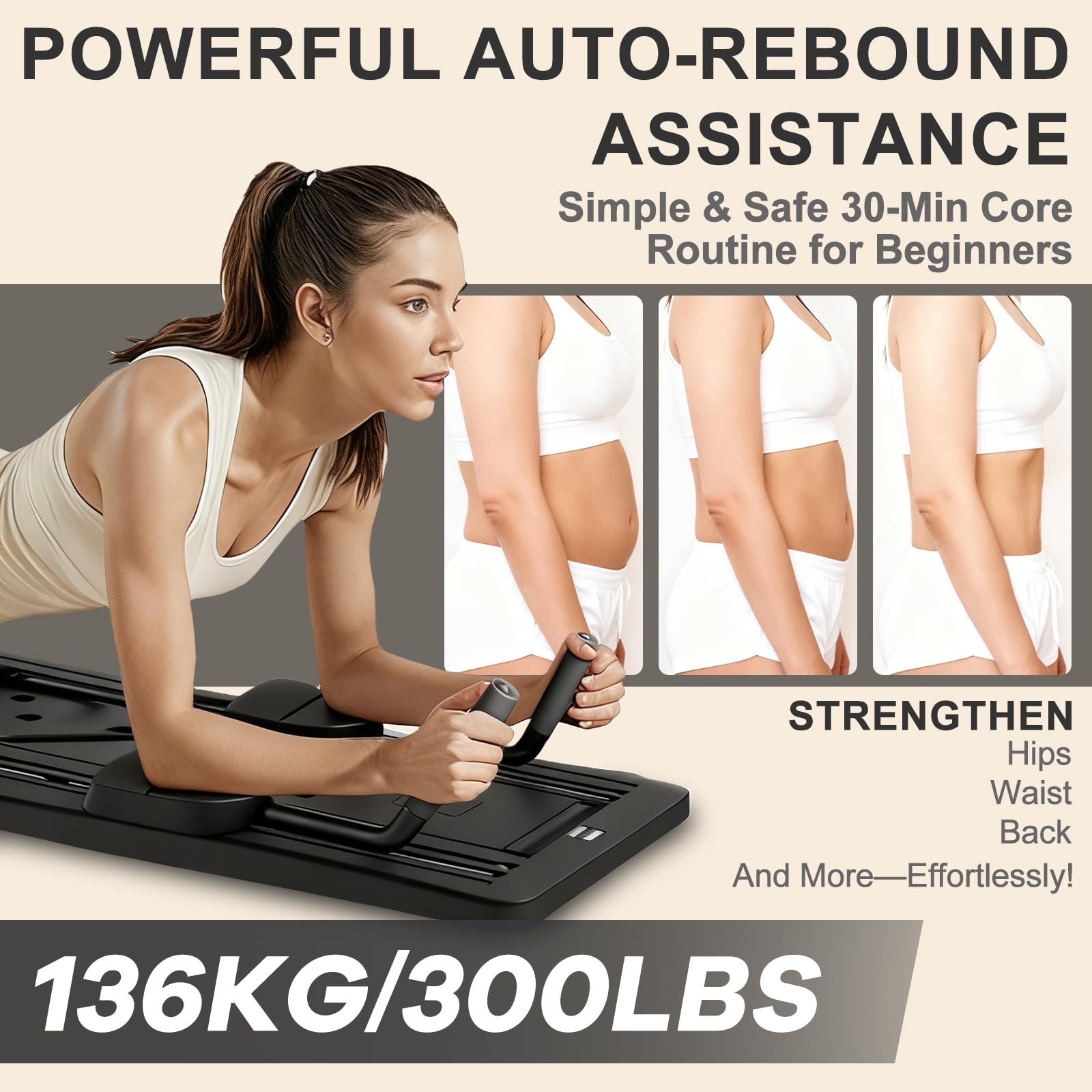 Roadtime Reformateur Pilates 6 en 1 Amélioré Pliable Ensemble et minuteur,Compact de Plateau Pilates pour la Protection des Genoux et Entraîneur Multifonctionnel, Planche Abdominale avec Rebond BK