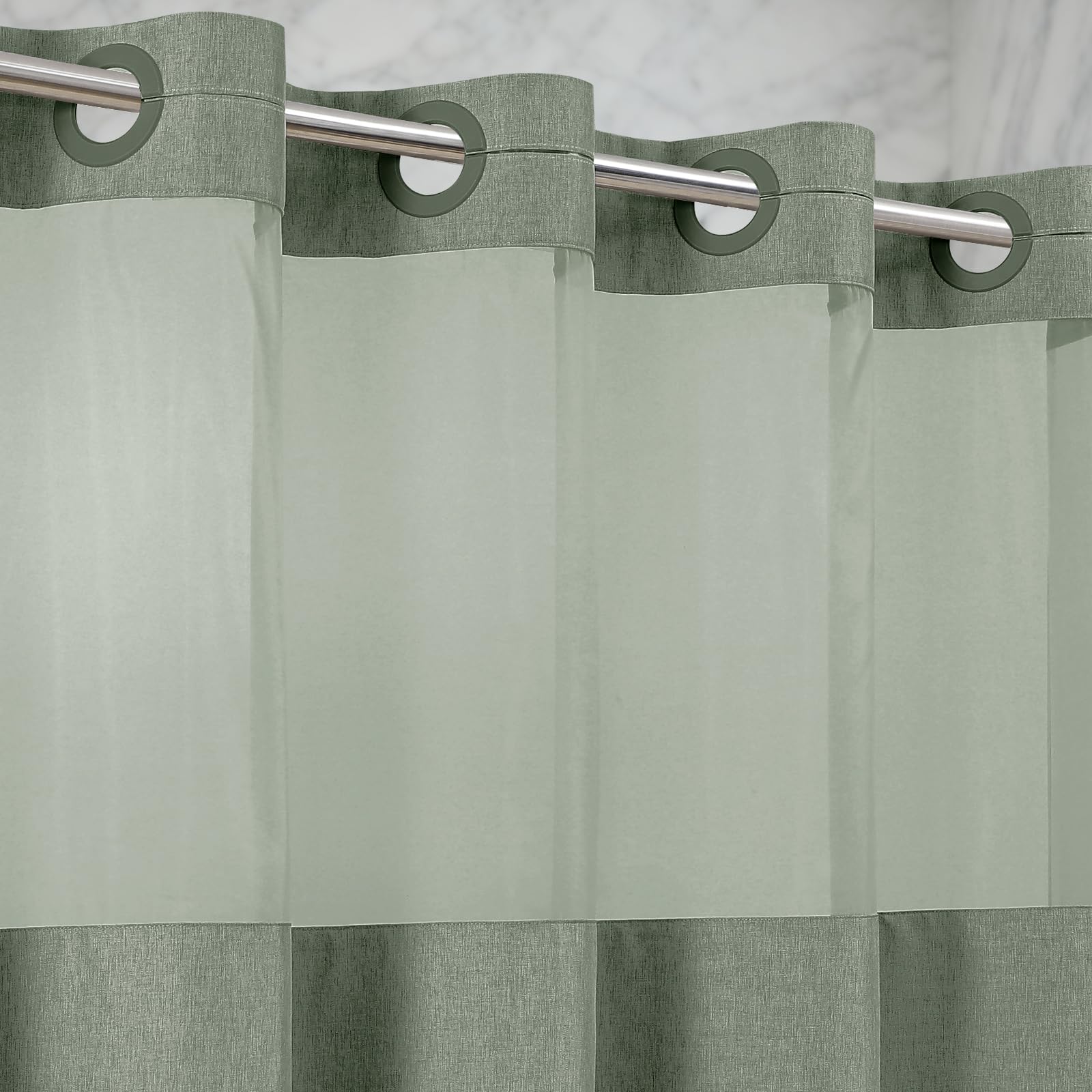 No Hooks Linen-Like Shower Curtain with Sheer Mesh Top, 250GSM Heavy Duty Fabric, Waterproof, 180 x 190 Luxury Hotel Spa Style for Bathroom, Easy Install Split Grommets, Machine Washable, Grey Green