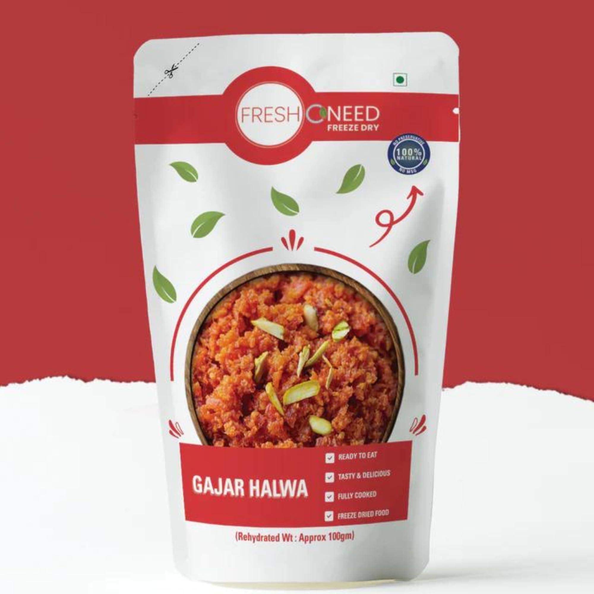 FreshOneed Gajar Halwa | After Cooking Yields 100gm | Single Serving Each | 100% Natural | No Preservative | No Chemical | Freeze Dried Food