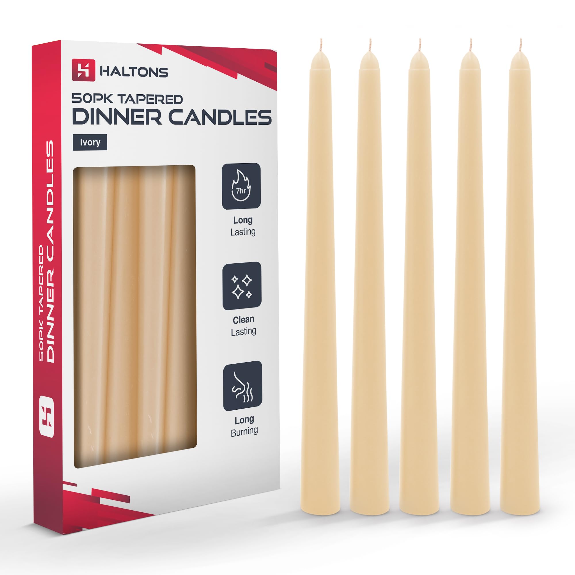 Haltons Tapered Dinner Candles - Unscented Long Candlesticks, 7-Hour Burn Time - Clean-Burning White, Green, Ivory, or Red Taper Candles - Elegant Design for Events, Weddings, and Home Decor (50 Pack)