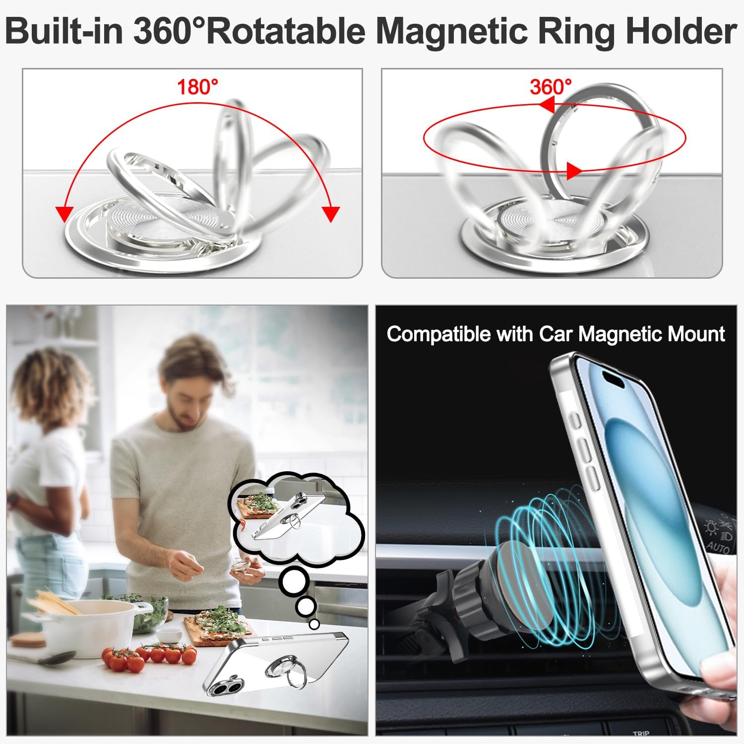 Tnarru Designed for iPhone 16 Clear Case with Stand [Magnetic Ring Holder Kickstand] Soft TPU Bumper Non-Yellowing Anti-Scratch Lightweight Slim for iPhone 16 Case Silver - Image 3