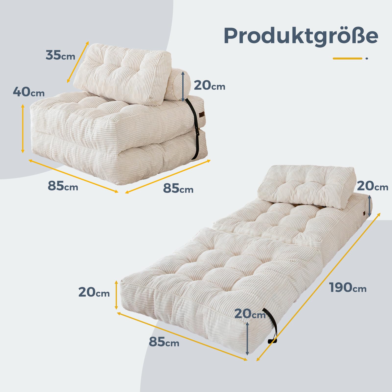 MAXYOYO Faltbares Schlafsofa umwandelbarer Schlafsessel mit Kissen, Matratze mit Rückenstütze, tragbarer Stuhl-Bett-Komfortable Bodensofa-Lounge für Wohnzimmer Schlafzimmer, Beige