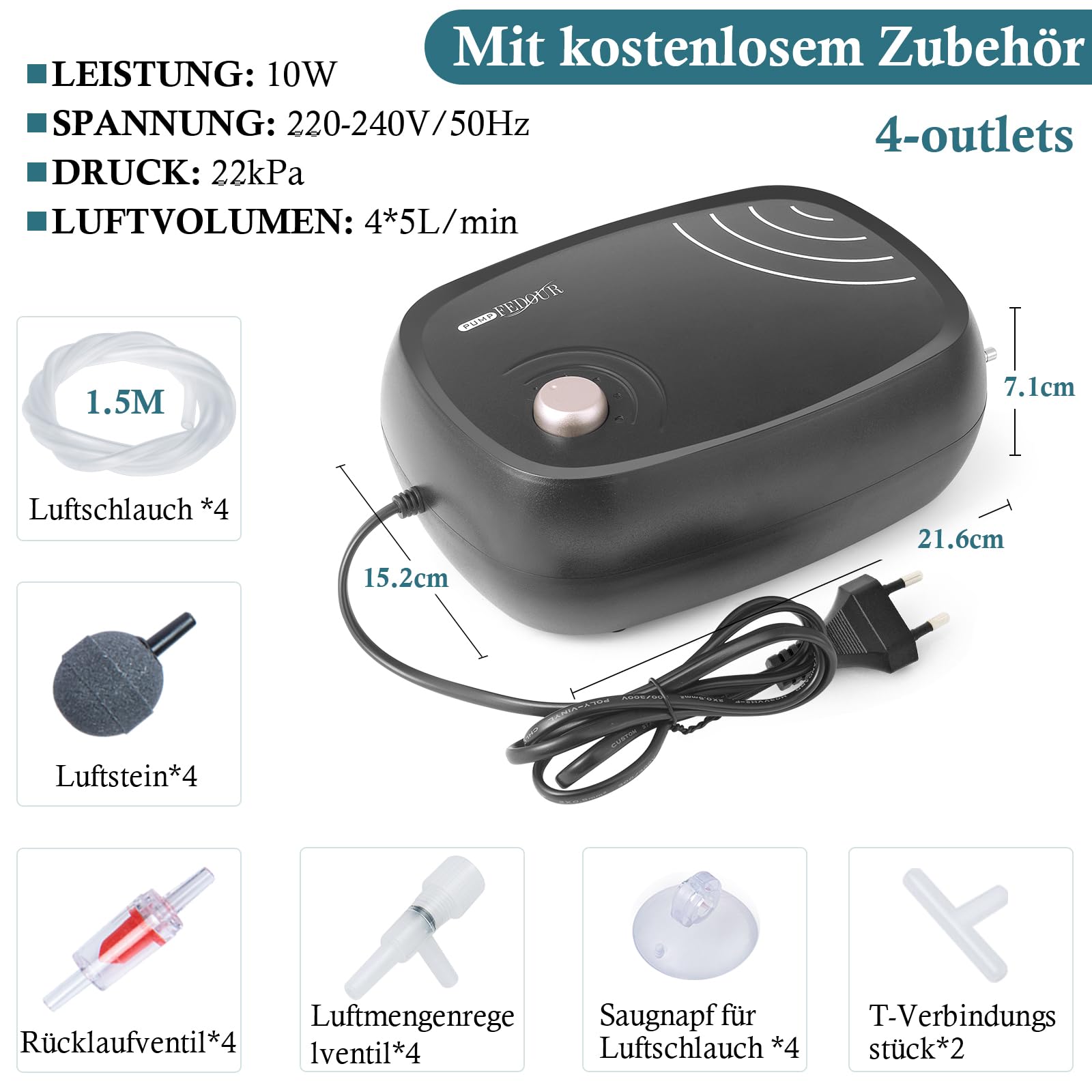 FEDOUR Pompa powietrza do akwarium o mocy 10 W: 4-wylotowe 320 GPH pompa powietrza do zbiornika na ryby