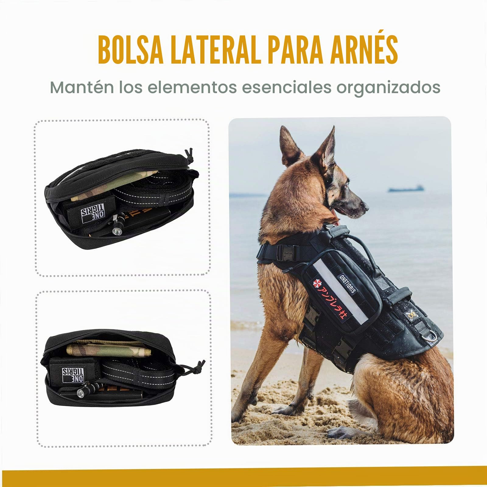 OneTigris - Bolsas de comida para perros (2 unidades, gran espacio), con bandas reflectantes, apto para arneses tácticos para perros, para entrenamiento y paseos