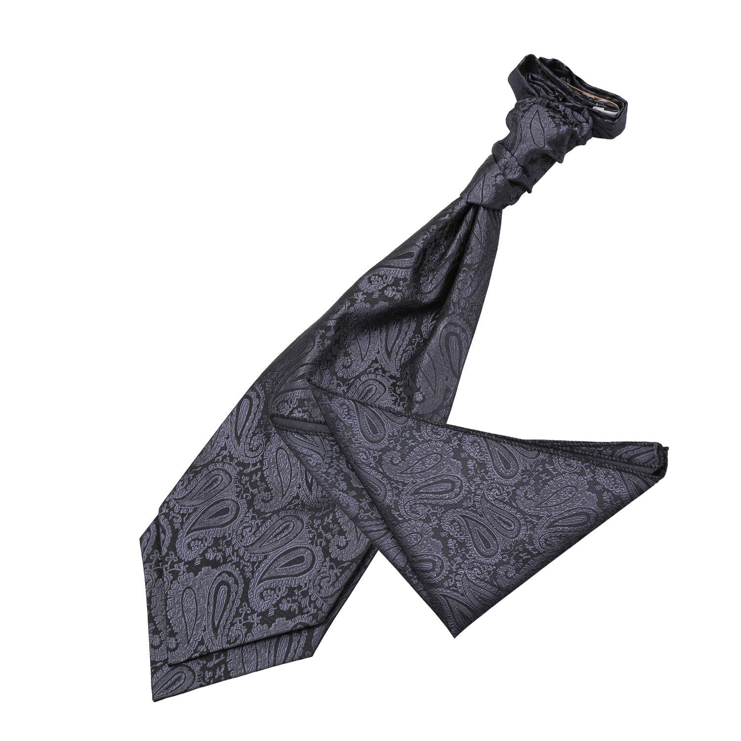Dqt Men's Charcoal Grey Paisley Floral Jacquard Pre-Tied Scrunchie Cravat & Pocket Square Set (2Pc) – Wedding, Business & Formal