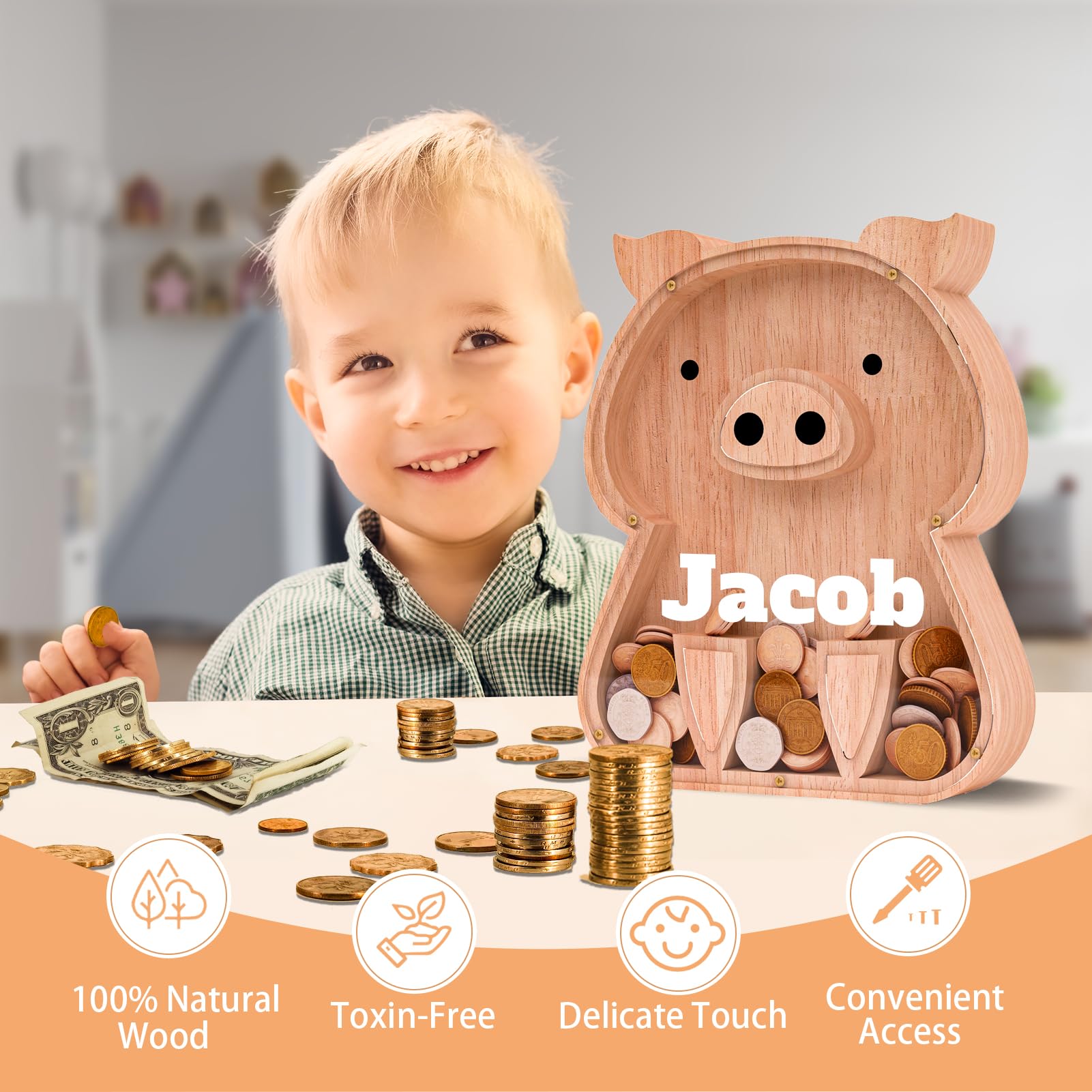 JOOMLAFLY Wooden Piggy Bank for Kids Cute Wood Bank for Boys Initial Coin Bank Personalized Piggy Bank Wood Money Save Box for Birthday and Festival-Pig Piggy Bank