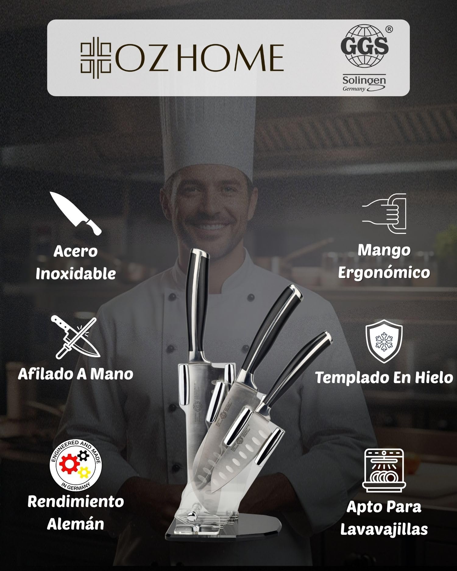 GGS Collection Home And Kitchen Juego De Cuchillos De Cocina Santoku 4 Piezas Con Bloque,Cuchillos Cocina De Utensilios De Cocina Acero Inoxidable Templado Especial,Solingen Standard,Accesorios Cocina