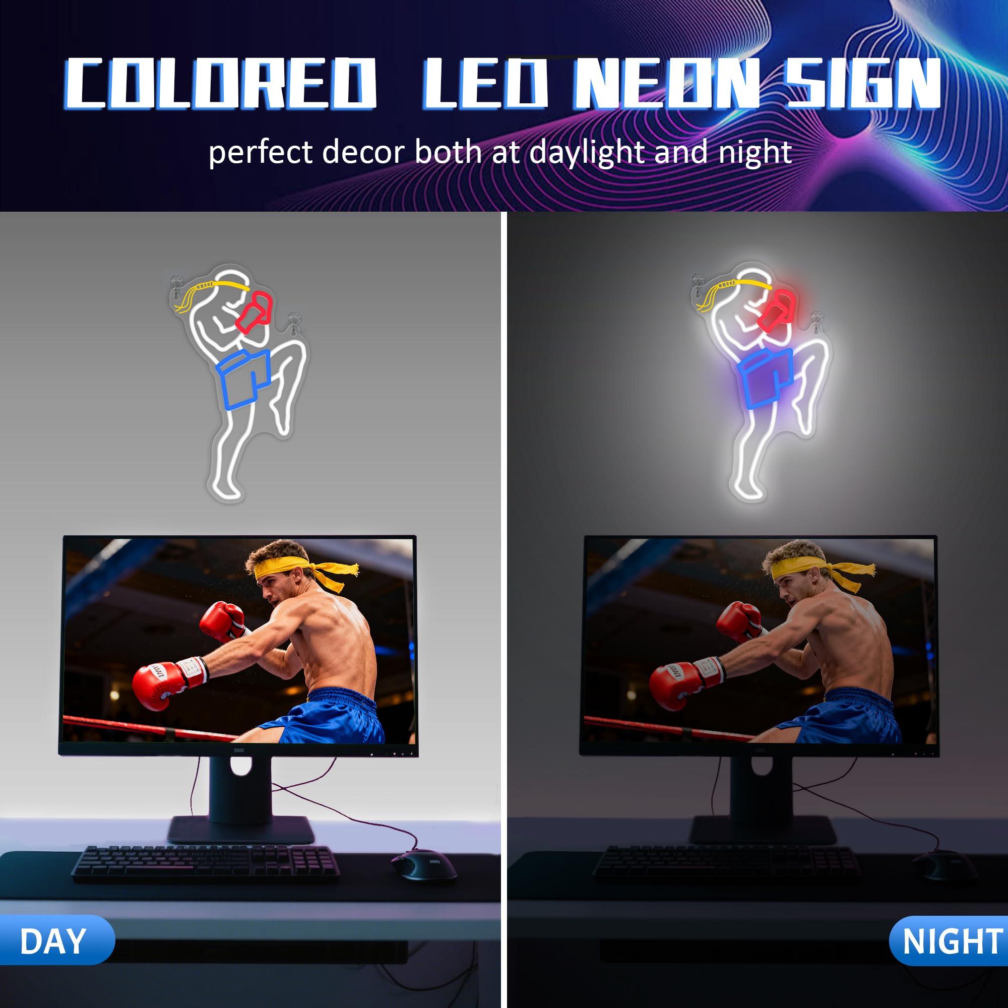 OkiyiD Insegna al neon Muay Thai per uomini, arti marziali, decorazione da parete a tema sport di combattimento, decorazione per stanza con alimentazione USB e catena da appendere, regalo ideale per