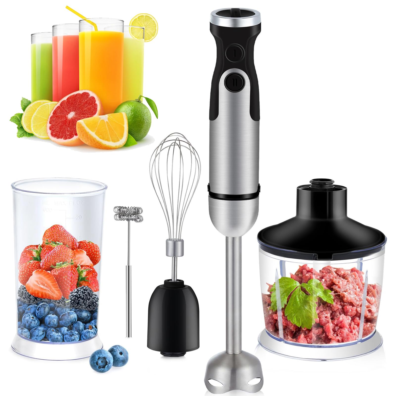 Elektryczny Blender Ręczny 1200W Blender Kielichowy 6 Prędkości z Funkcją | Blender Ręczny z Misą do Siekania 800ML Ostrzem S Końcówką Trzepaczki Regulacją Prędkości do Koktajli Zup Mięsa(A)