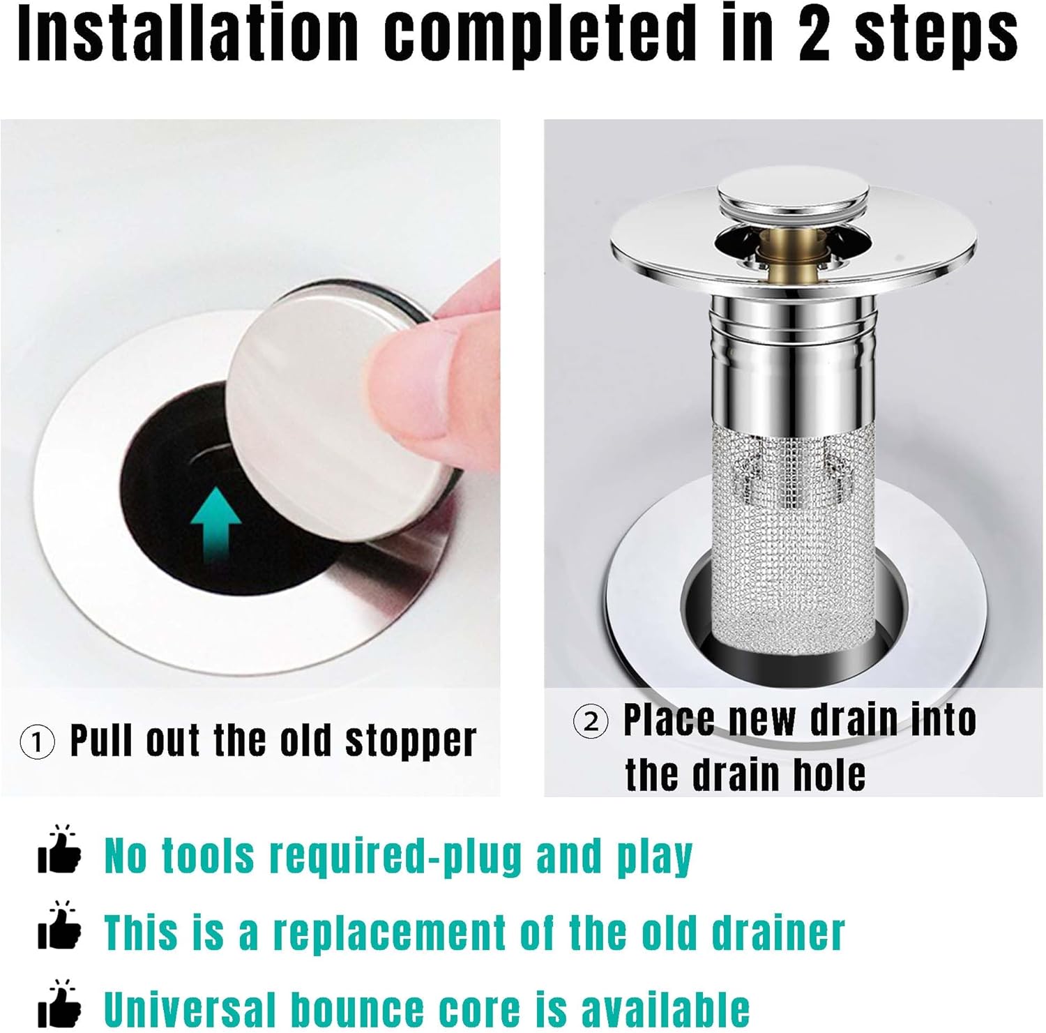 Bathroom Sink Drain Stopper for US Universal Replacement, Pop Up Drain for Bathroom Sink with Stainless Steel Filter Basket Hair Catcher, Sink Drain Strainer for 1.1-1.45 Inch