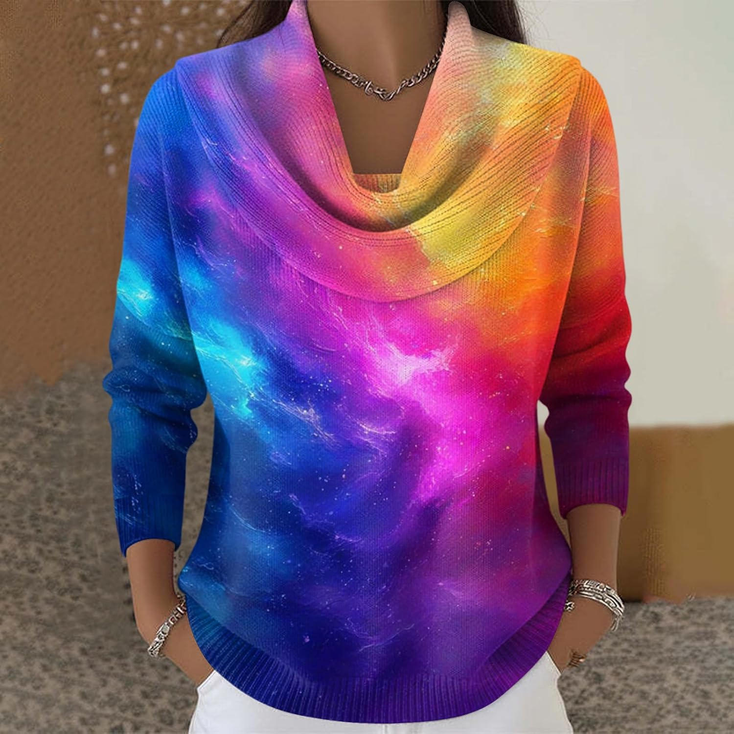 Cowl Neck Sweater for Women Long Sleeve Knit Dressy Casual Loose Cute Sweaters Trendy Vintage Warm Soft Cozy Sweaters - Image 2