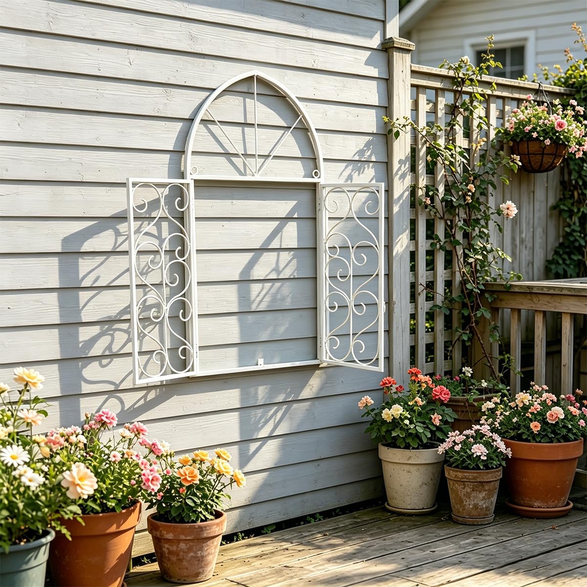 Rustikal Deko-Fenster zum Öffnen Stallfenster Gartenfenster mit Rundbogen Doppelflügel Scheunenfenster Landhaus Fensterrahmen Garagenfenster Eisenfenster Gartenmauer Stallgebäude Weiß, M