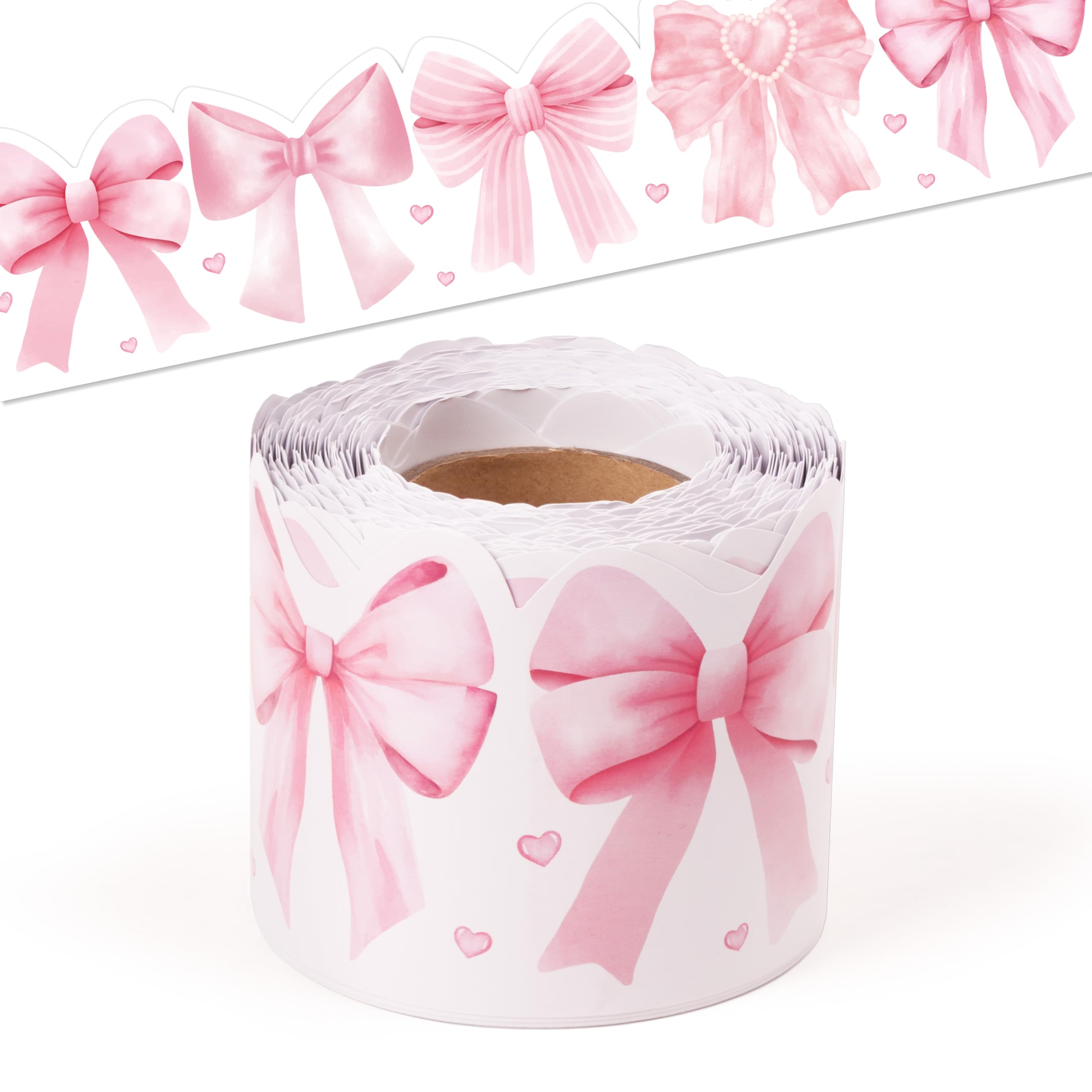 BeYumi Pink Bows Border Trim - 65ft Back to School Watercolor Pink Bow Coquette Rolled Border Trim Pastel Watercolor Bulletin Board Classroom Office Chalkboard Kindergarten Elementary Home Party Decor