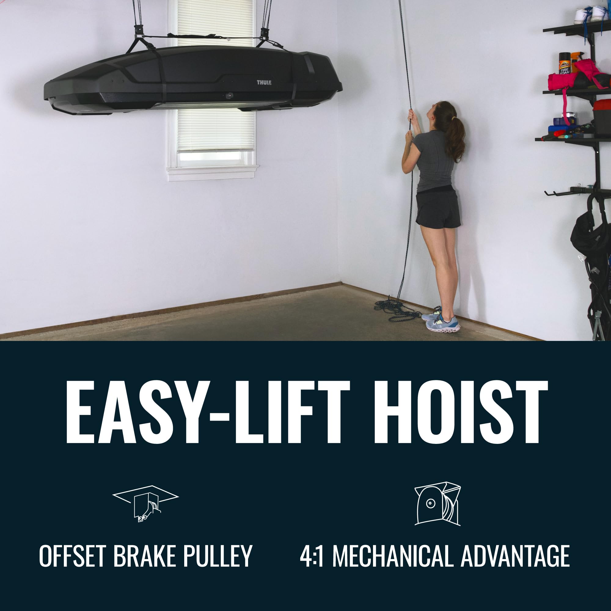 Teal Triangle Heavy Duty Elite Cargo Box Sollevamento, Sistema di Puleggia da Garage Facile Sollevamento, Portata 68 kg, Adatto a Soffitti 8 Piedi, Cinghia antiscivolo brevettata, Nessuna