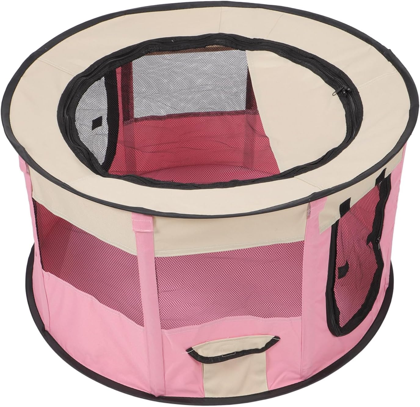 ibasenice Collapsible Pet Tent Playpen for Small Dogs and Cats, Indoor Outdoor Foldable Dog Crate with Breathable Mesh, 72x40cm, Beige Pink Puppy Enclosure for Home Use