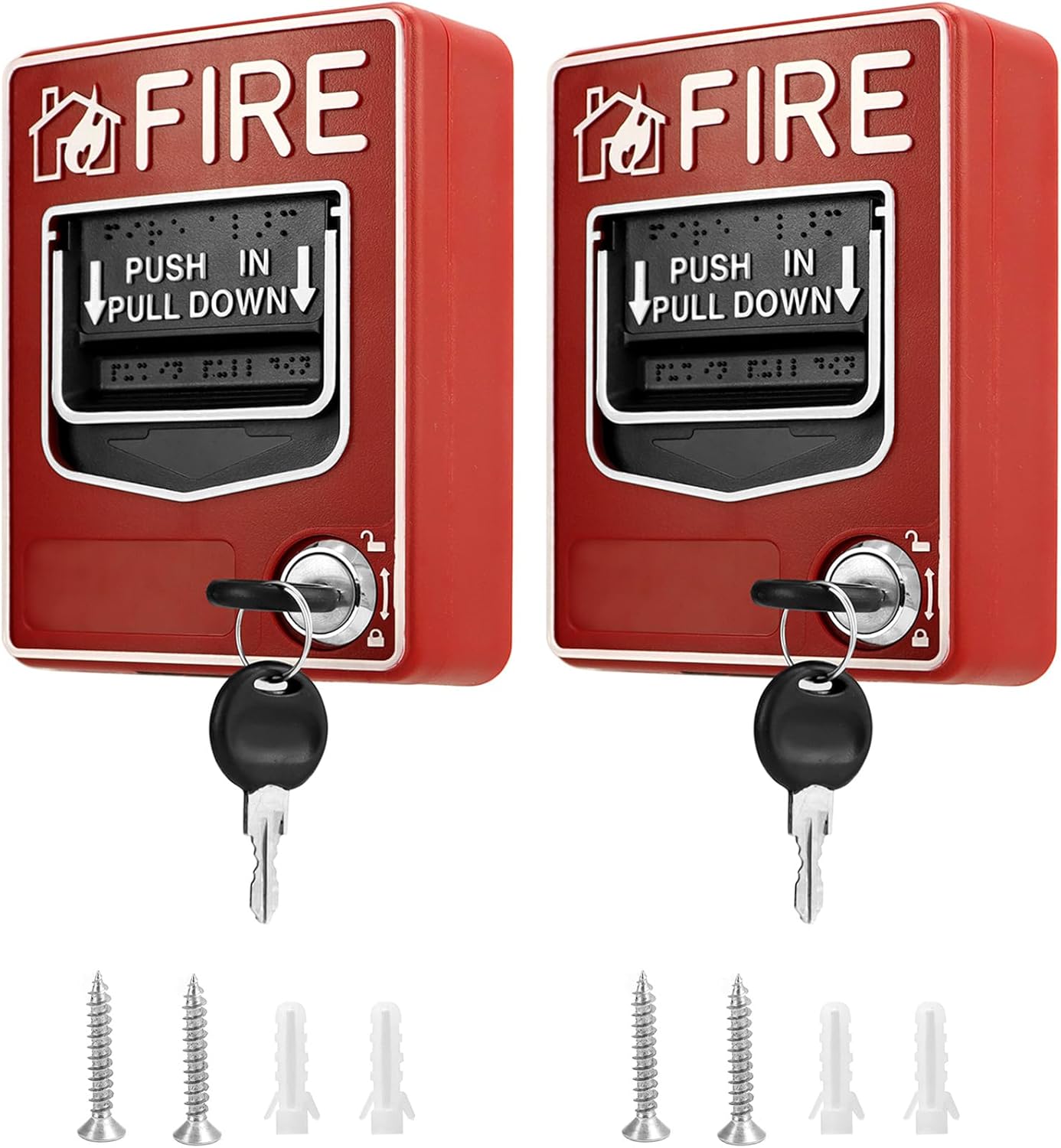 QWORK Wired Emergency Fire Alarm Station, 2 Pack Dual Action Manual Call Point Fire Alarm Panic Button 9-28VDC with 2 Keys