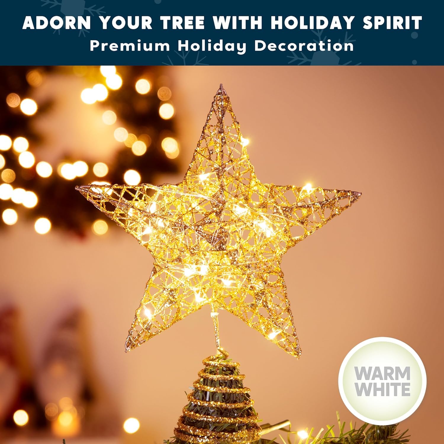 Estrella para Copa del Árbol de Navidad con Luz, Estrella Superior 10 Luces LED Estrella De áRbol De Navidad, Oro
