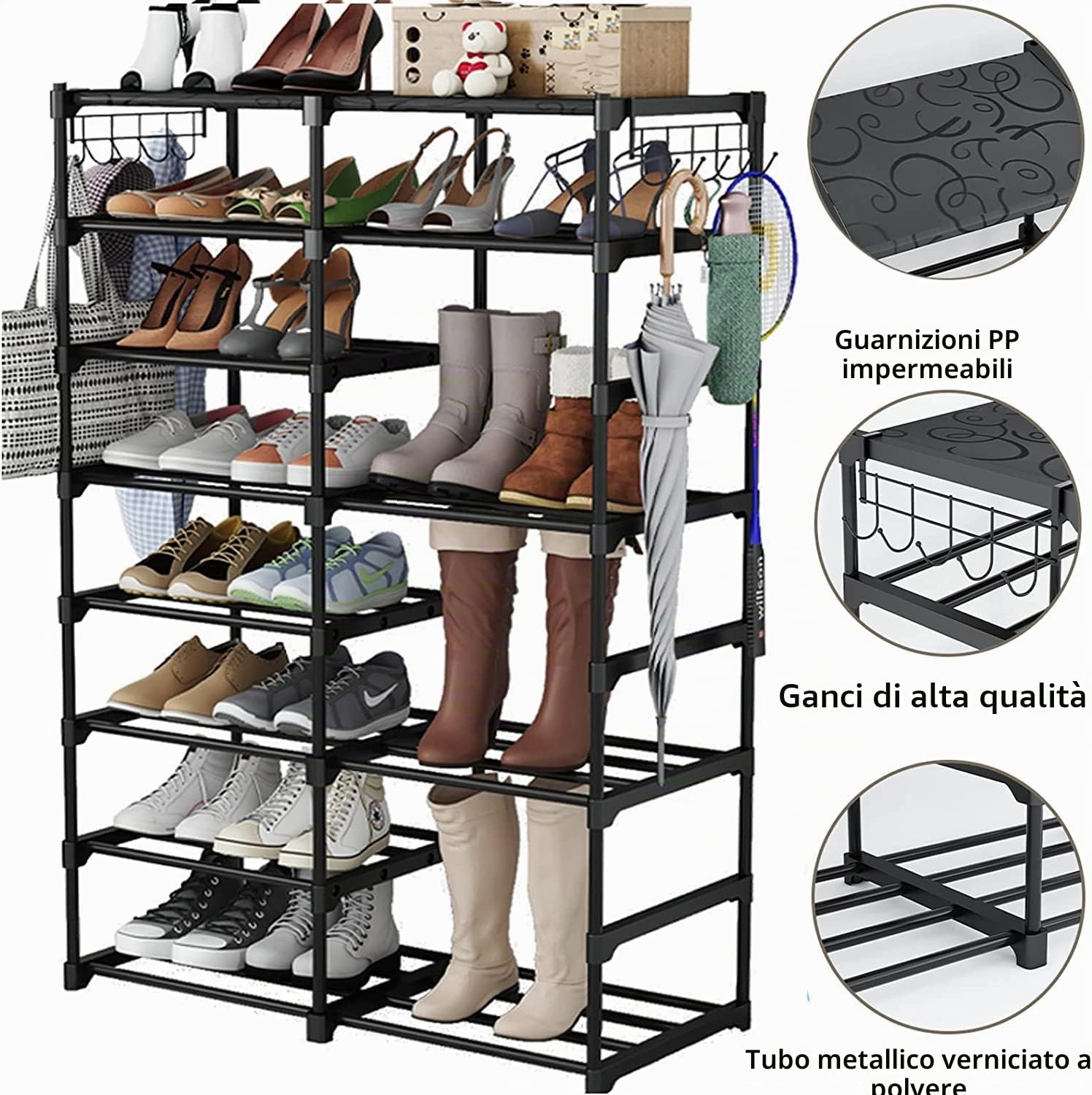 FINEW Scarpiera con 8 ripiani, portascarpe in metallo sottile, può contenere 26-30 paia di scarpe e stivali, nero scaffale per soggiorno, camera da letto, corridoio, ingresso, spogliatoi