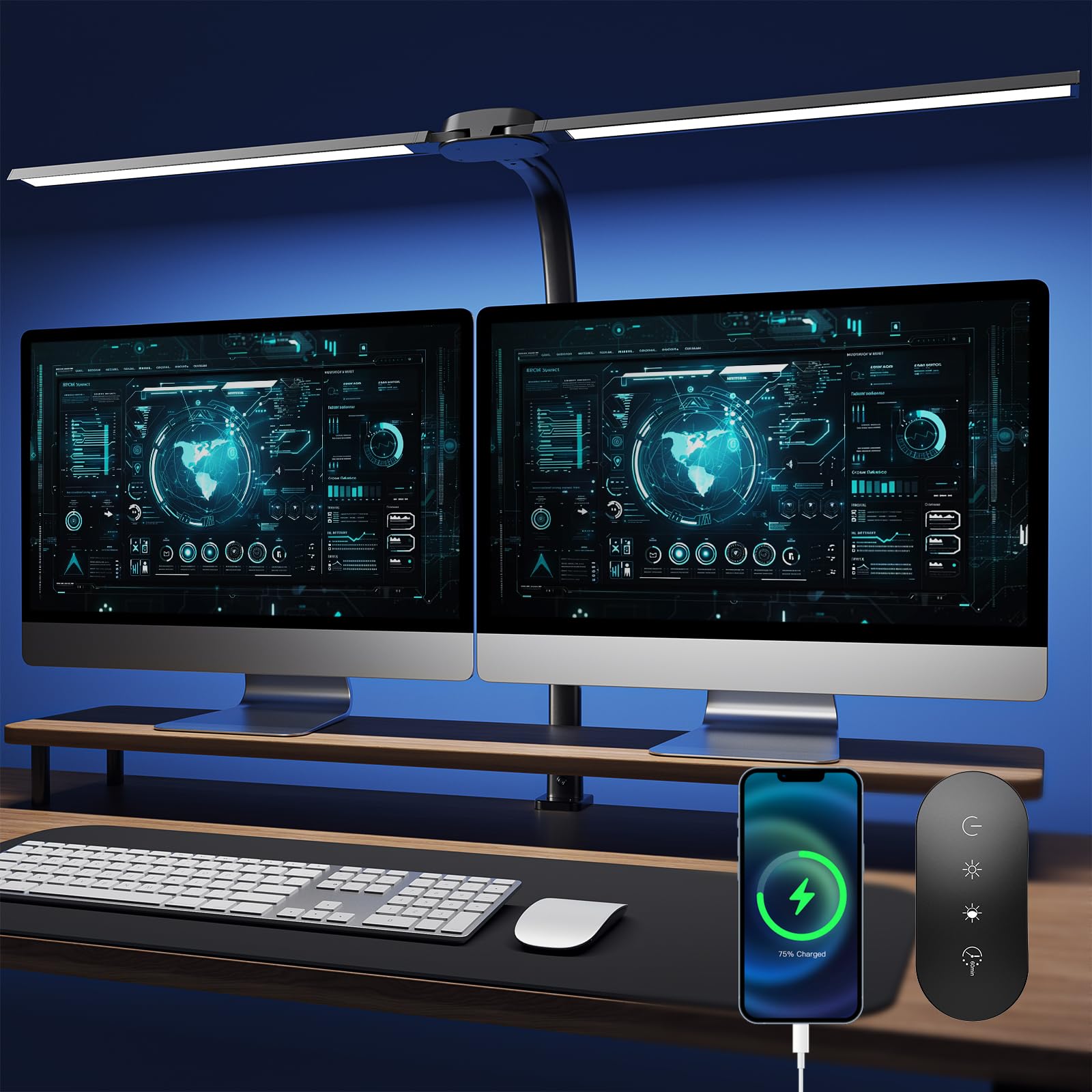 Nevoke Schreibtischlampe LED Dimmbar - 1400LM 24W Doppelkopf Klemmbar Büroschreibtischlampe mit Fernbedienung, 80CM Schwanenhals Schreibtisch Lampe Tageslichtlampe mit Ladefunktion