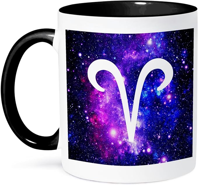 3dRose Aries symbol on purple space background - Arian horoscope star sign 11oz Two-Tone Black Mug