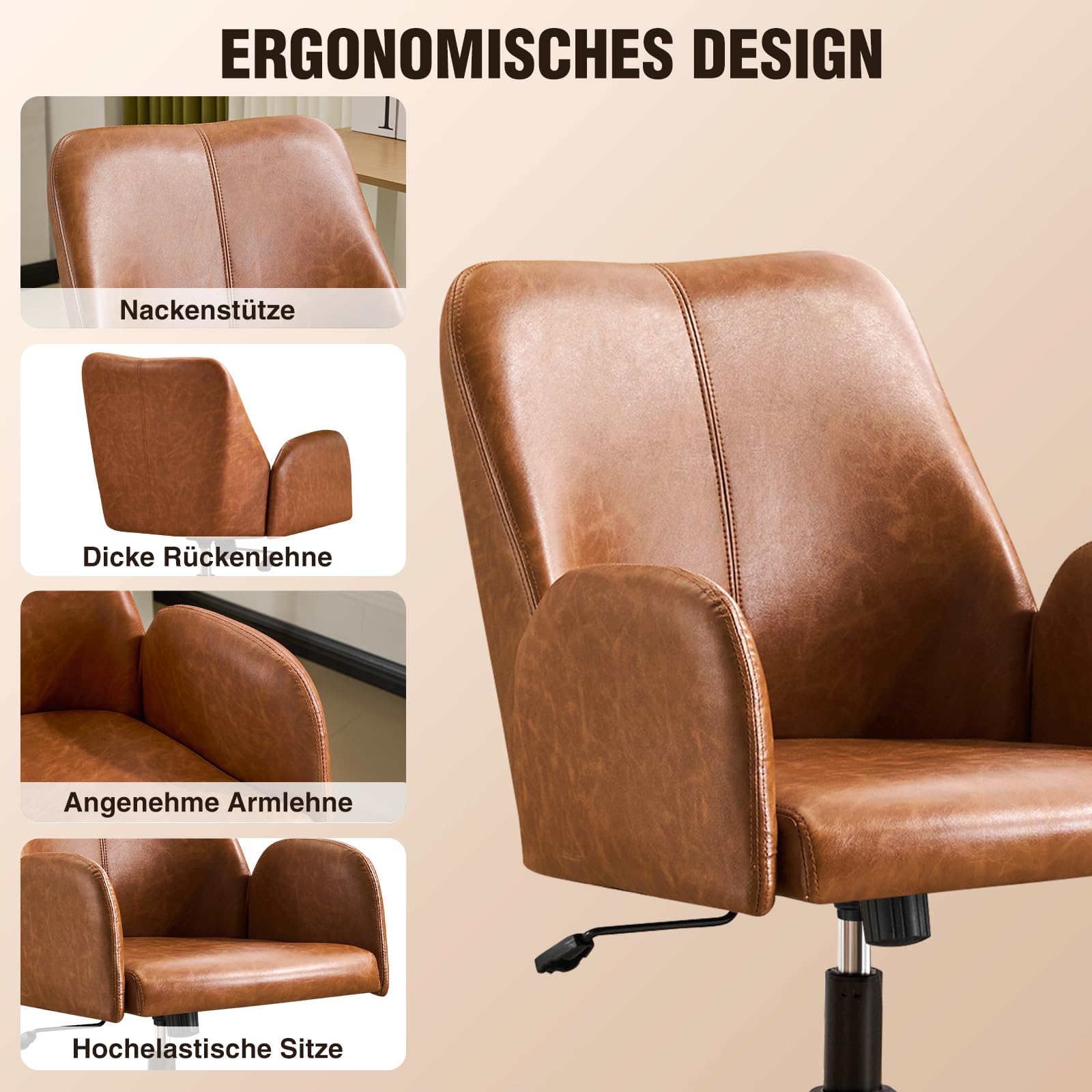 Bürostuhl Ergonomisch, PU Leder Homeoffice Stuhl, Drehstuhl, Schreibtischstuhl Computerstuhl mit Gepolsterter Armlehnen und Höhenverstellbar, Neigefunktion für Büro Schlafzimmer, Braun