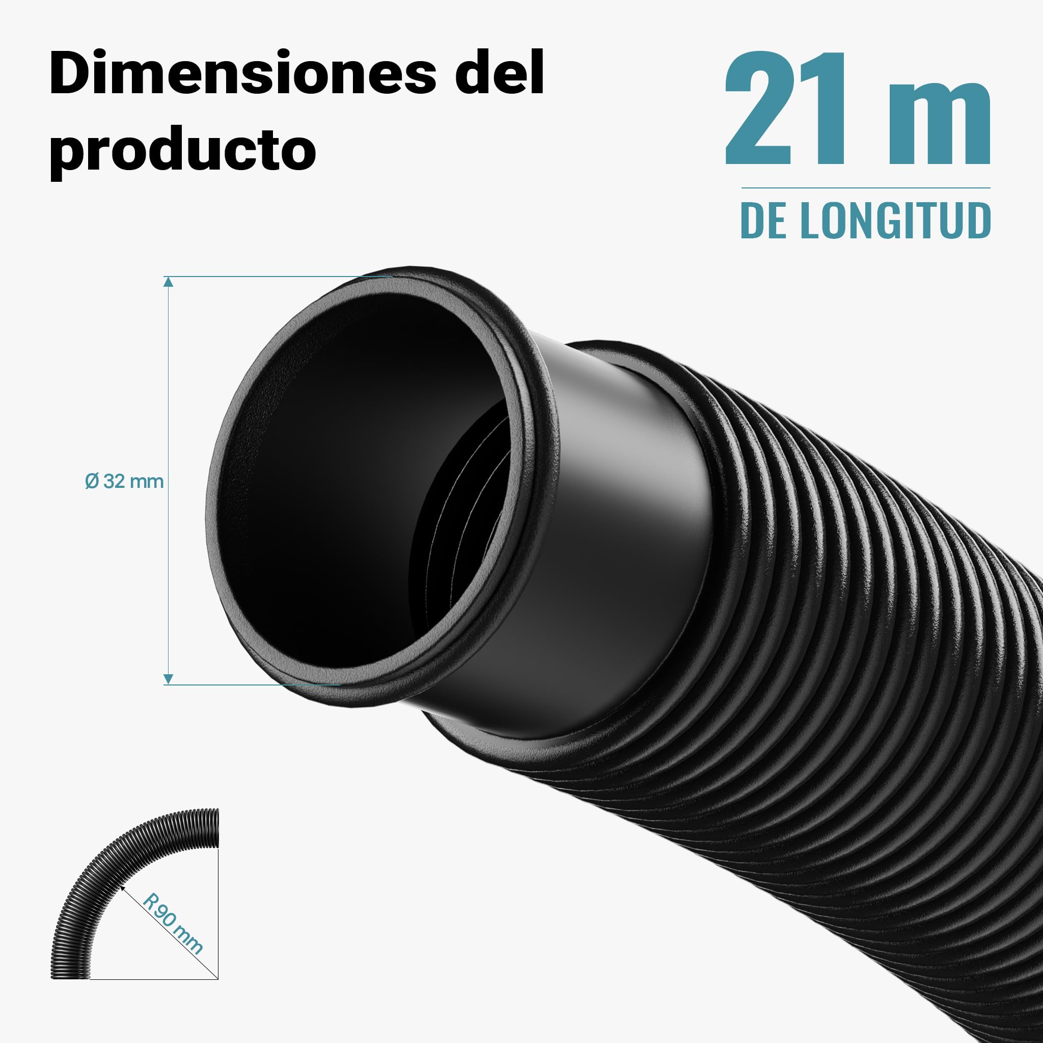 Wiltec Manguera de piscina 21 m ⌀32 mm 165 g/m negra con manguitos, manguera de bomba para piscinas, tubo de aspiración, manguera solar flotante