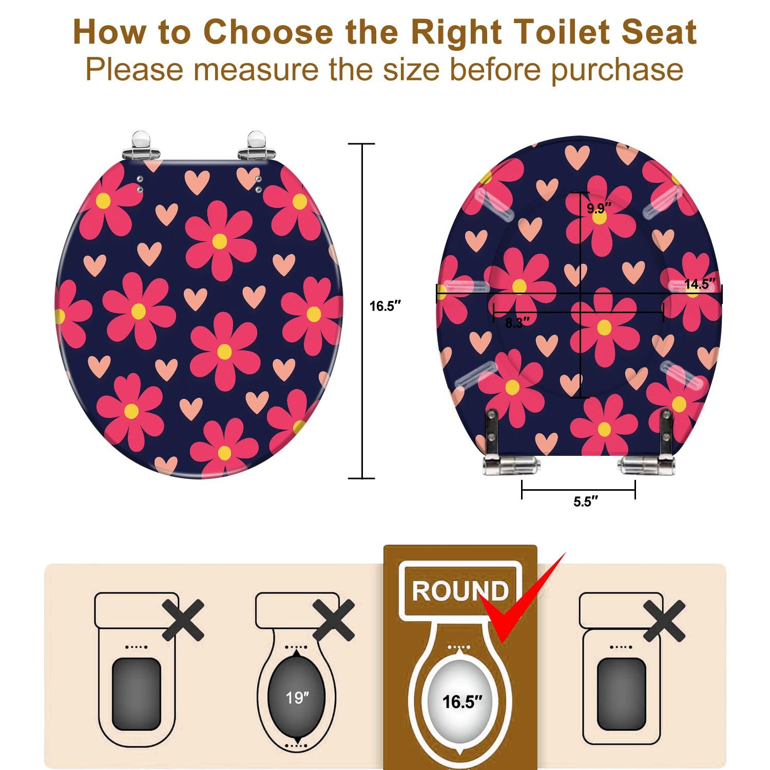 Round Toilet Seat Cute feminine seamless pattern flowers hearts Repeated girly print Resin Toilet Seat Quietly Close Quick Release Hinges with Cover Bumpers Decorative Easy to Install Clean