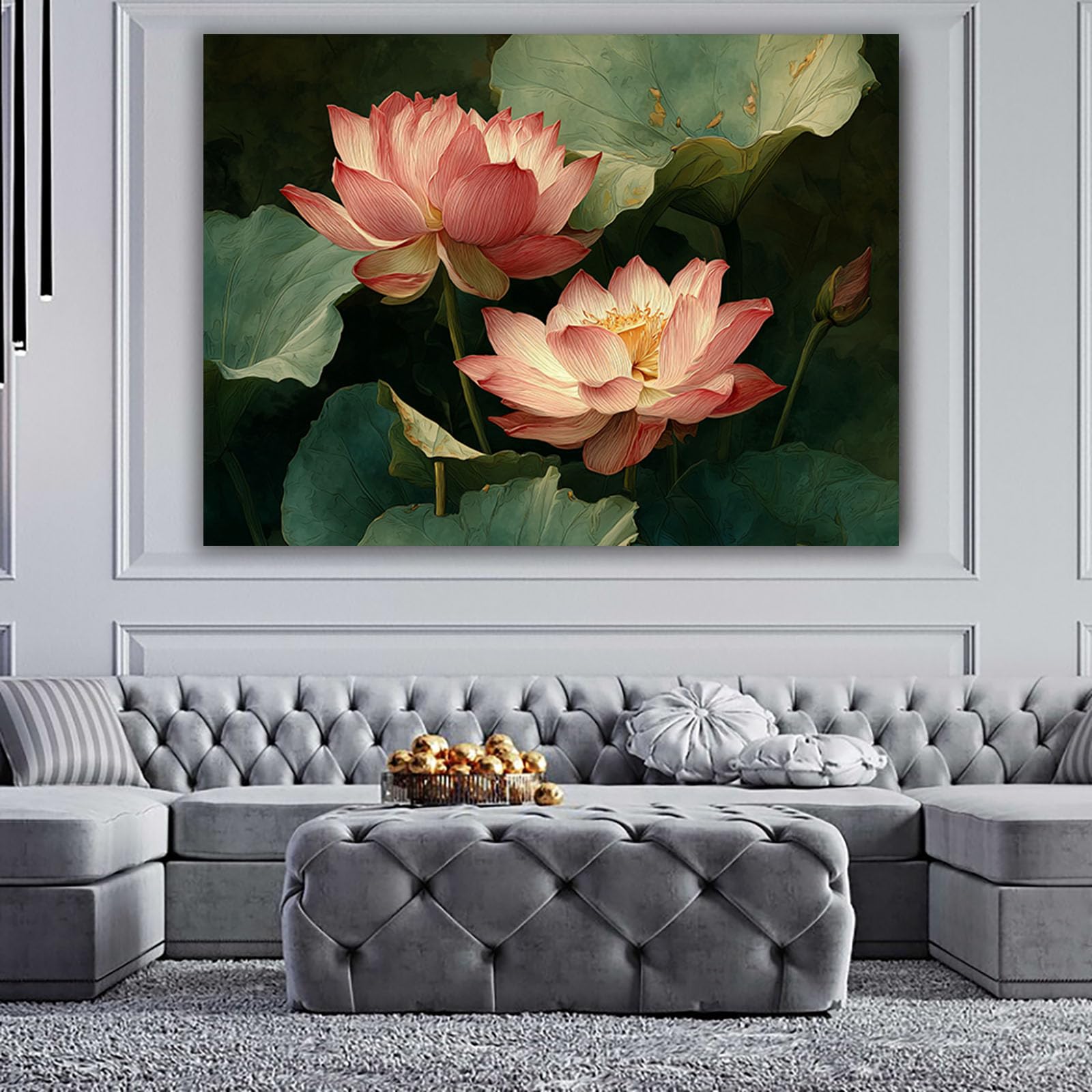 ZAMAEIU Semplice arte botanica Stampe su Canvas Foglie di loto rosa per Camera da Letto Agriturismo Soggiorno Bagno(rosa)-60x90cm Incorniciato