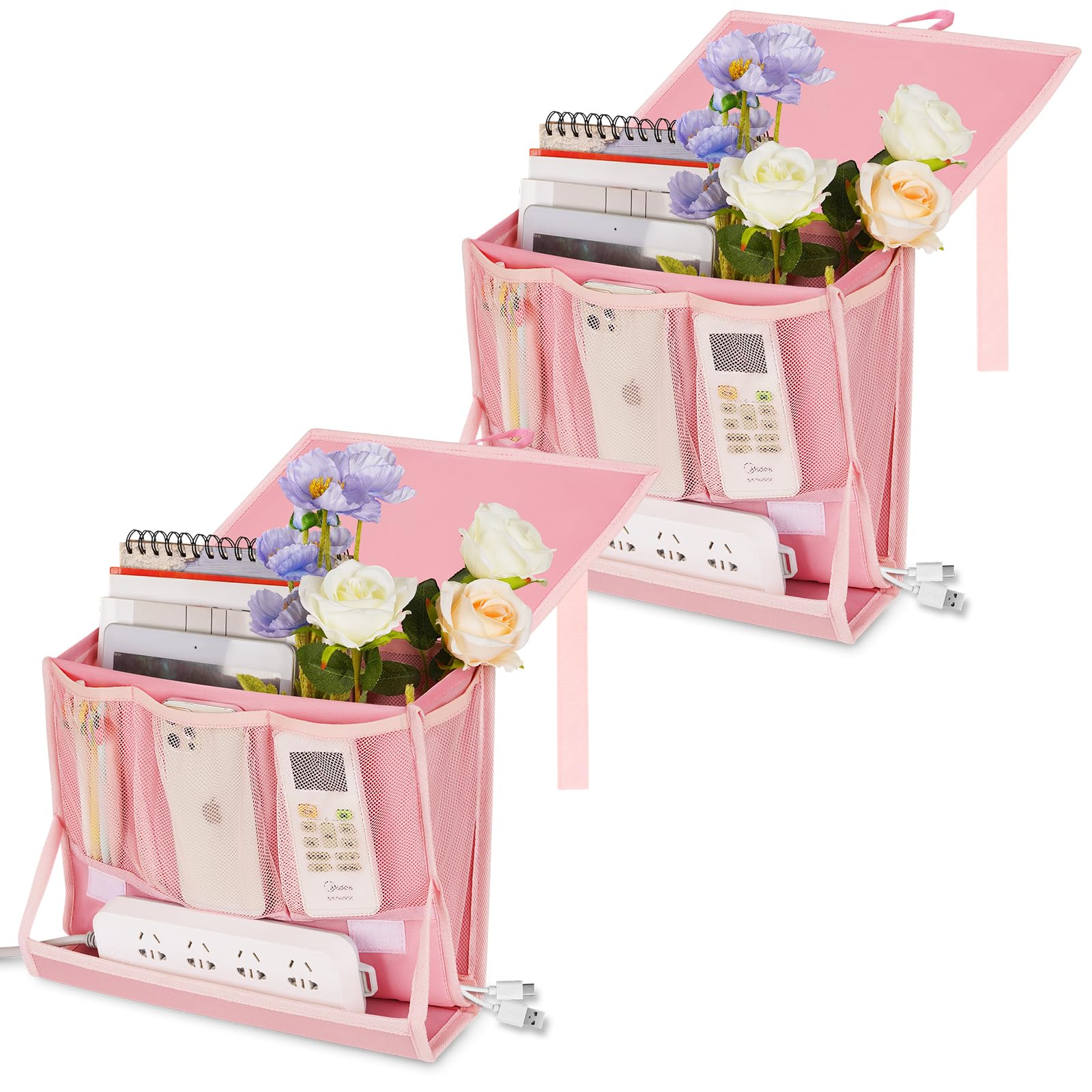 Retyion Bedside Caddy Bedside Storage Organizer Bedside Organizer with Power Strip Holder and 2 Adjustable Straps for Home Bunk Bed College Dorm Sofa