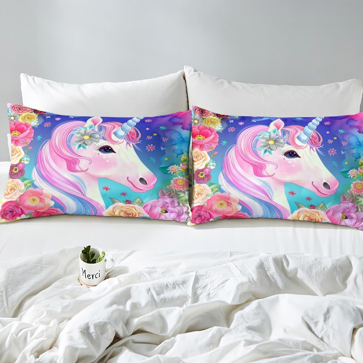 Rainbow Unicorn Fitted Sheet Full Size Kawaii Bedding Sets Cartoon Magical Animal Bed Sheets Pink Flower Wreath Cute Dreamy Horse Bedding Decor Set Rainbow Unicorn Room Decor for Girls Bedroom