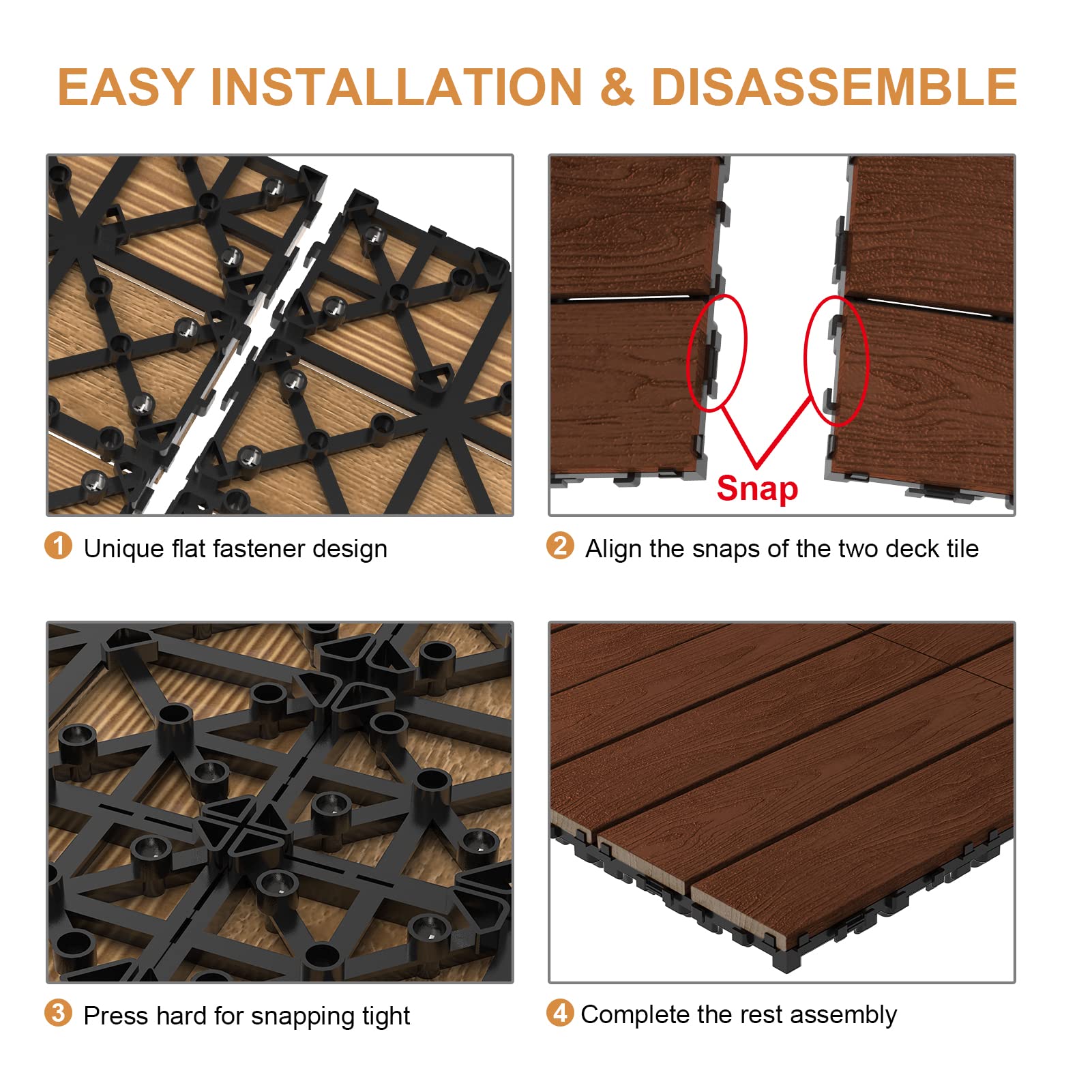 Goovilla Wood Interlocking Deck Flooring Tiles, 27 Pack Wood Floor Tiles, 12x12" Waterproof Patio Deck Tile, Outdoor Flooring All Weather Use, Patio Floor Decking Tile for Indoor Porch Balcony, Walnut