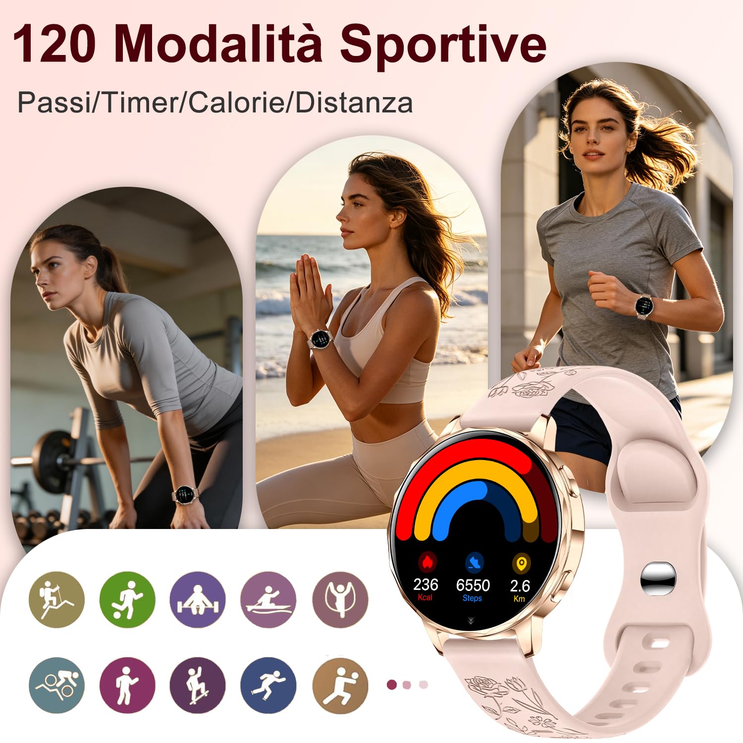 Smartwatch Donna Chiamate Bluetooth,3 Cinturini,1.27" 3D Curvo Schermo Orologio Donna Smartwatch,HR/Passi/Calorie/Pressione/Sonno Monitor,120 Sportiva IP68 per Android & iOS,Rosa oro