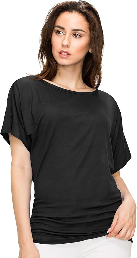 Made by Johnny Women's Solid Short Sleeve Boat Neck Boat Neck V Neck Dolman Top with Side Shirring-Made in U.S.A.