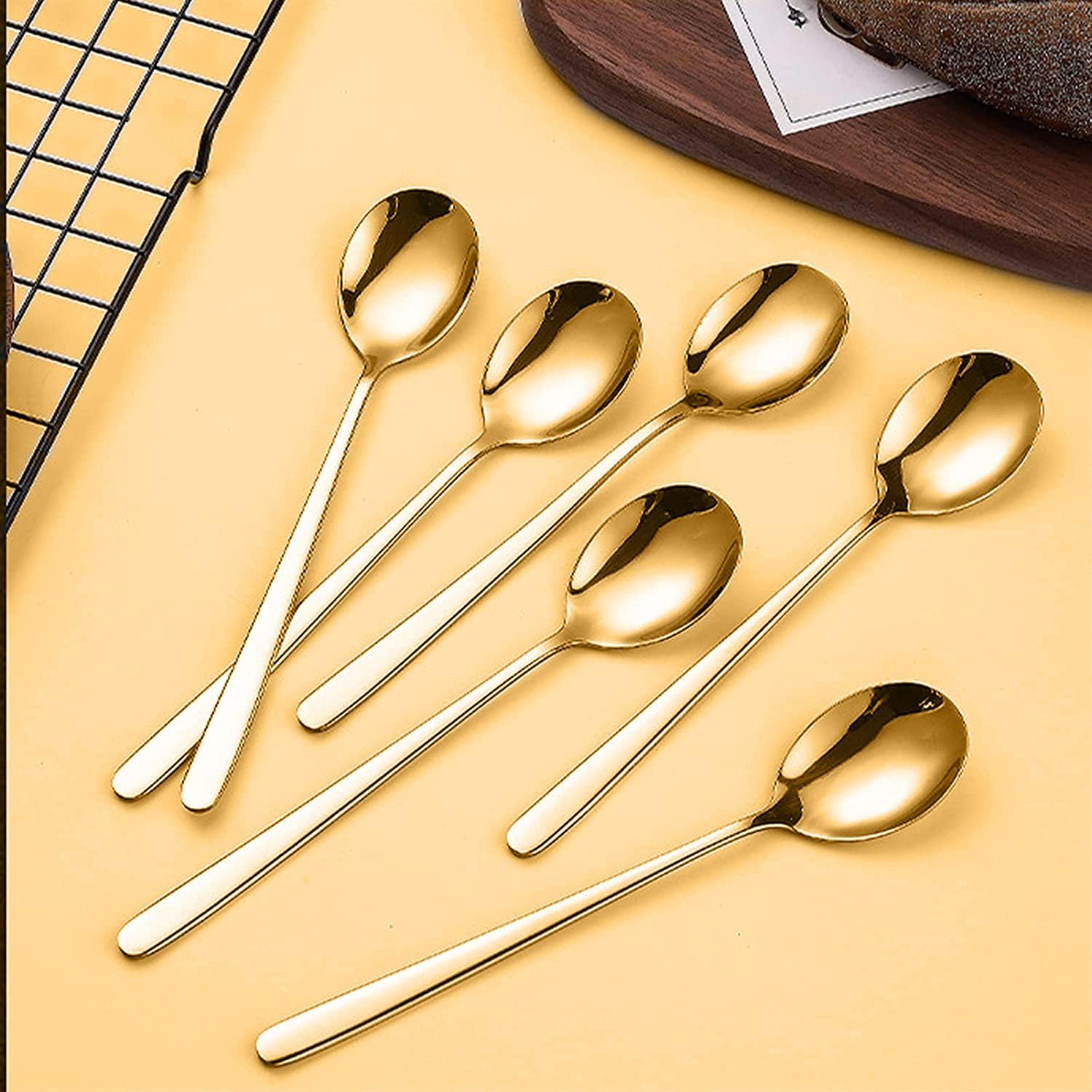 Kolorful Stainless Steel Large and Heavy Duty Round Korean Spoons, Asian Spoon, Dinner with Long Handle Kitchen Dining Tableware,Mirror Polished Spoons (Gold, 12) 4