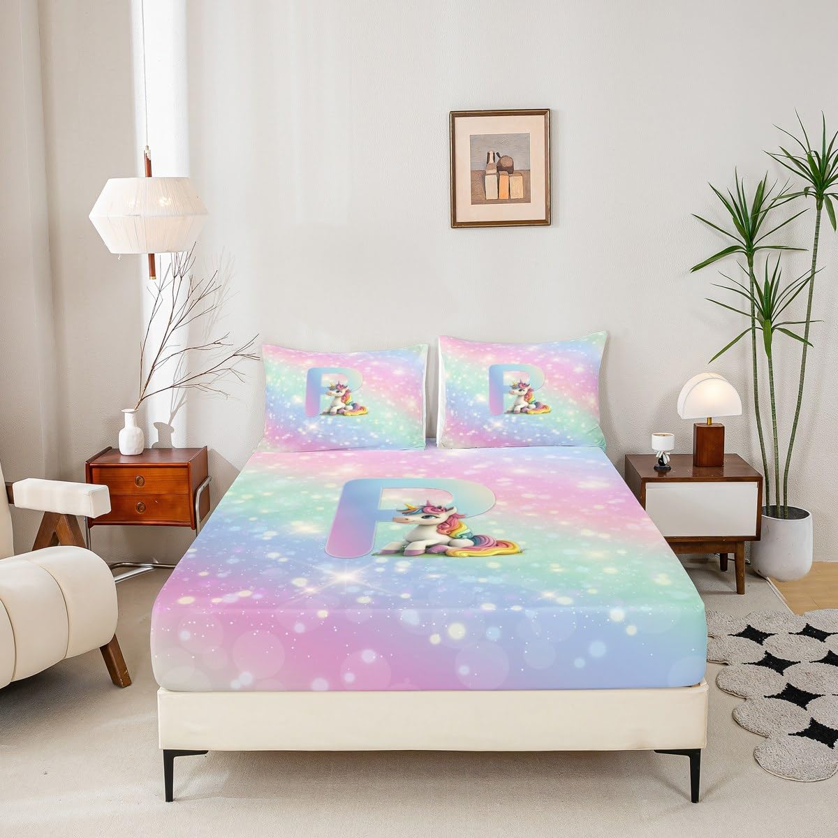 Unicorn Girls Fitted Sheet Twin for Kids Rainbow Pink Unicorn Bed Sheets, Galaxy Stars Gradient Glitter Bedding Set for Princess Style Room Decor Kawaii Cute Alphabet P Sheets, 1 Pillow Case