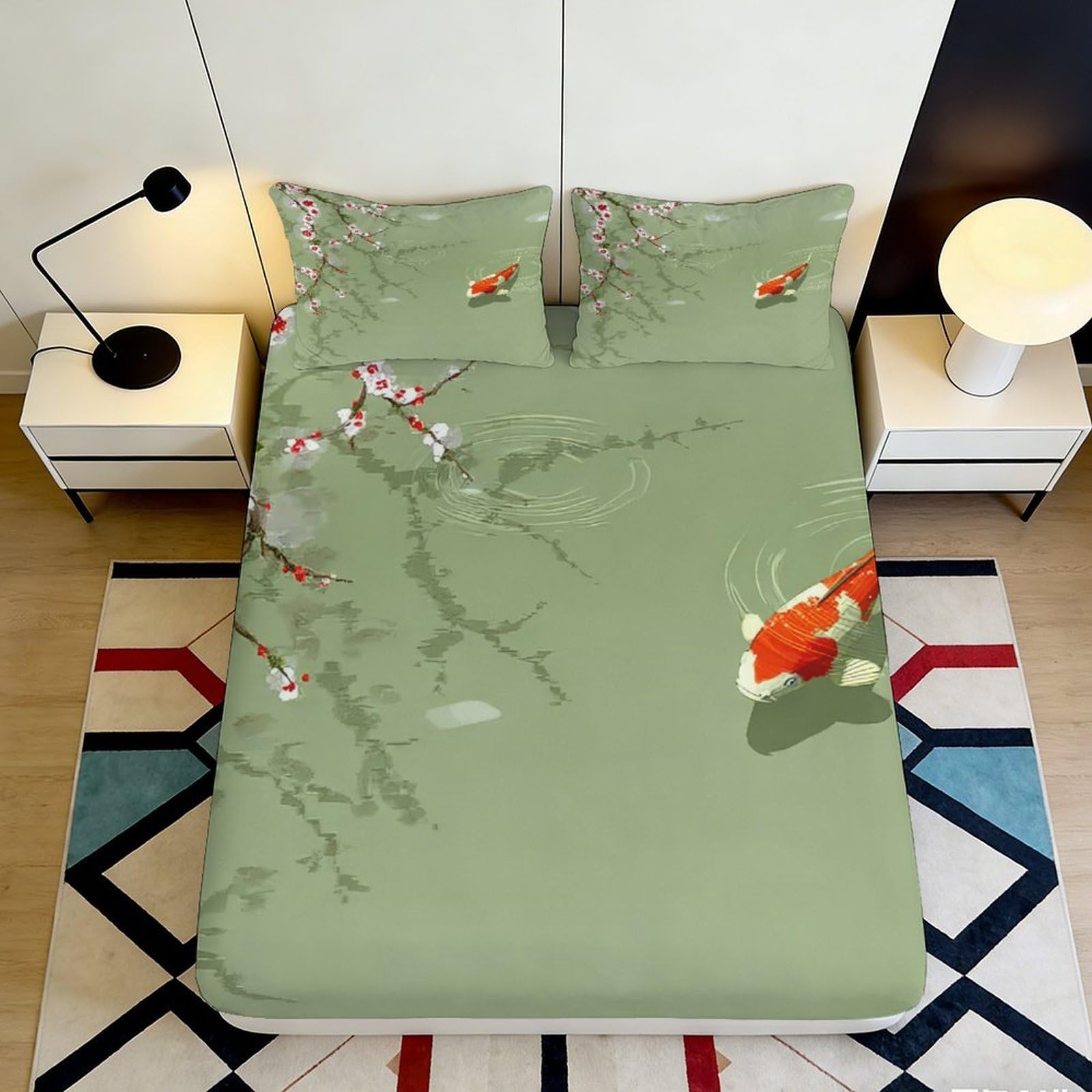 3D Printed Koi Fish Fitted Sheet Microfiber Soft Breathable Cherry Blossom Mattress Cover for Bedroom Dormitory Guest Room Mattress Protection Decor 200x200x25cm