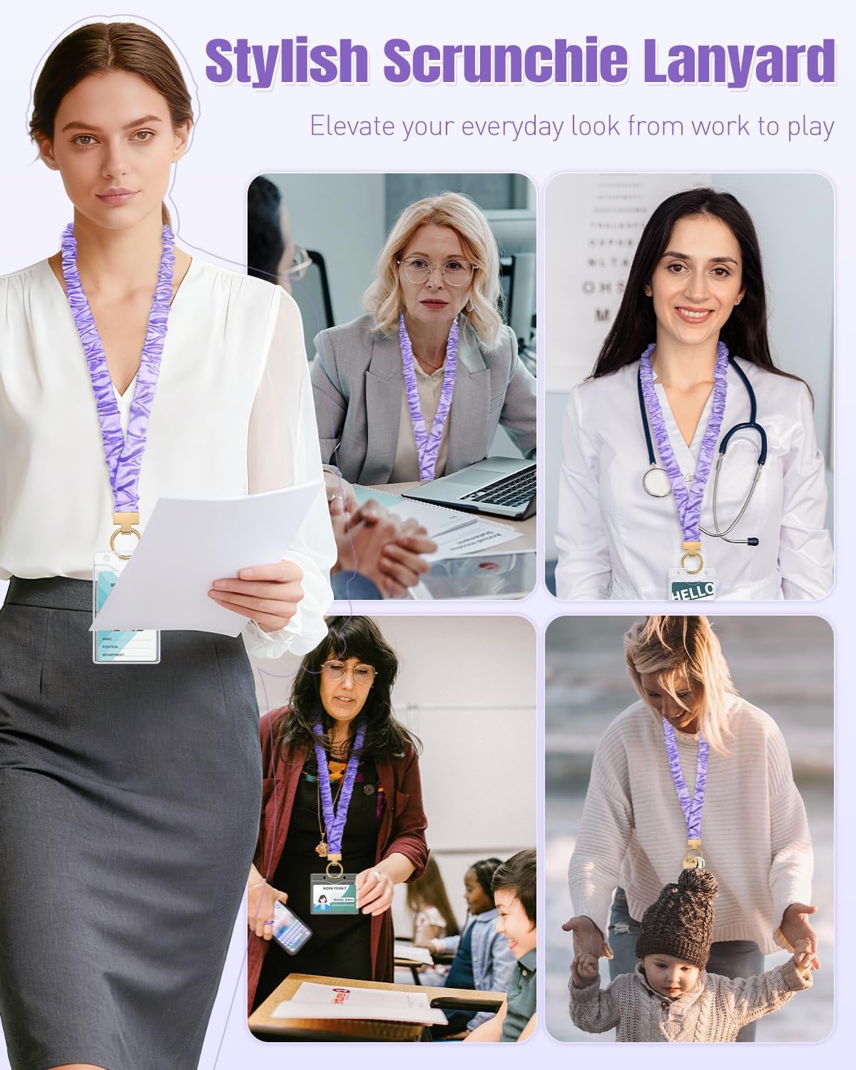 Uniclife Scrunchie Lanyard for Id Badges, Retractable Teacher Lanyards Stretchy Scrunchie Lanyard with Id Holder for Women - Image 7